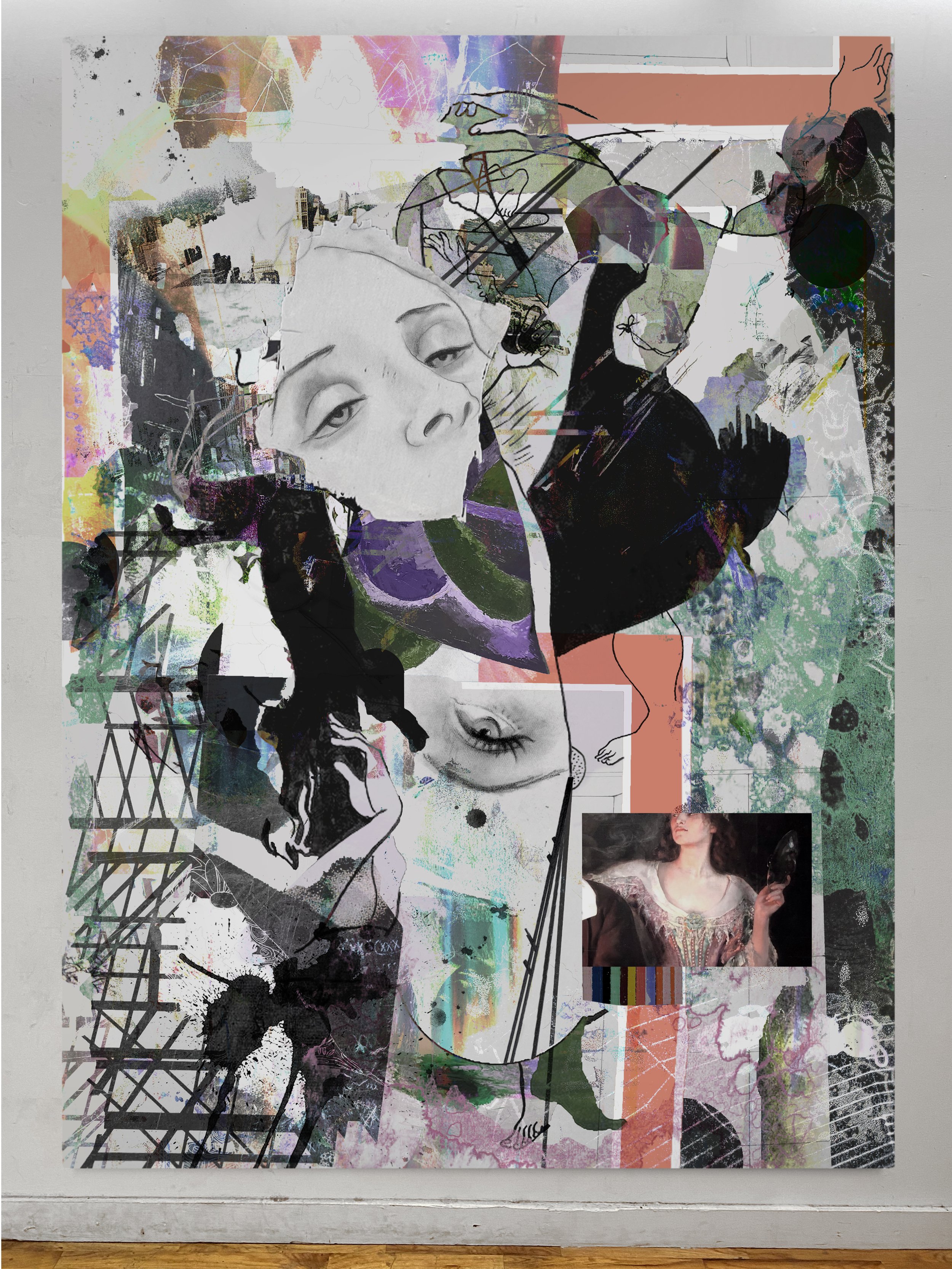 Optimistic III | oil, graphite, colored pencils, photo transfers, marker, and ultraviolet print on canvas | 92" x 67.5"