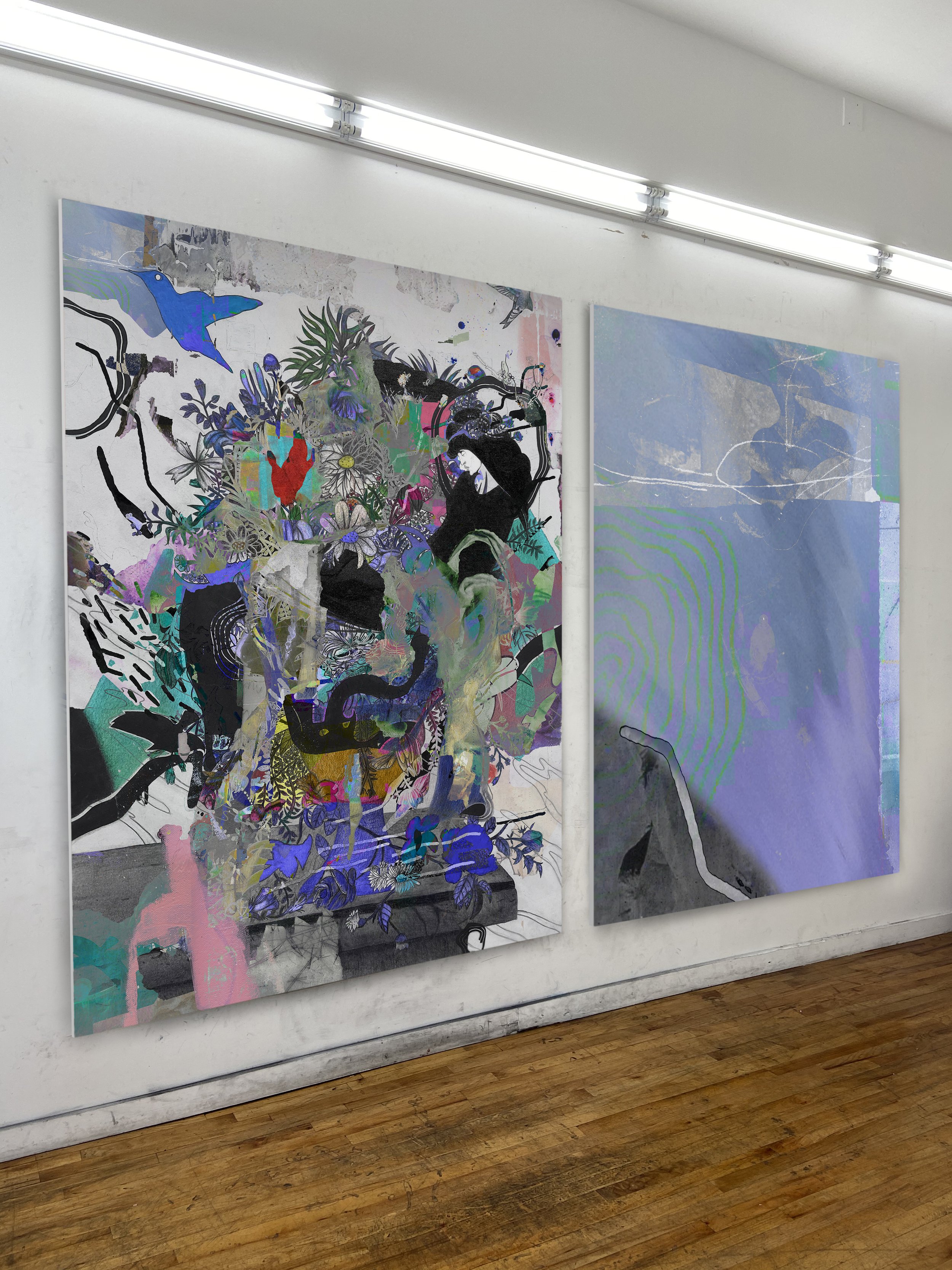 You Bore Me I and II (diptych) | oil, graphite, colored pencils, photo transfers, marker, and ultraviolet print on canvas | each 92" x 67.5"