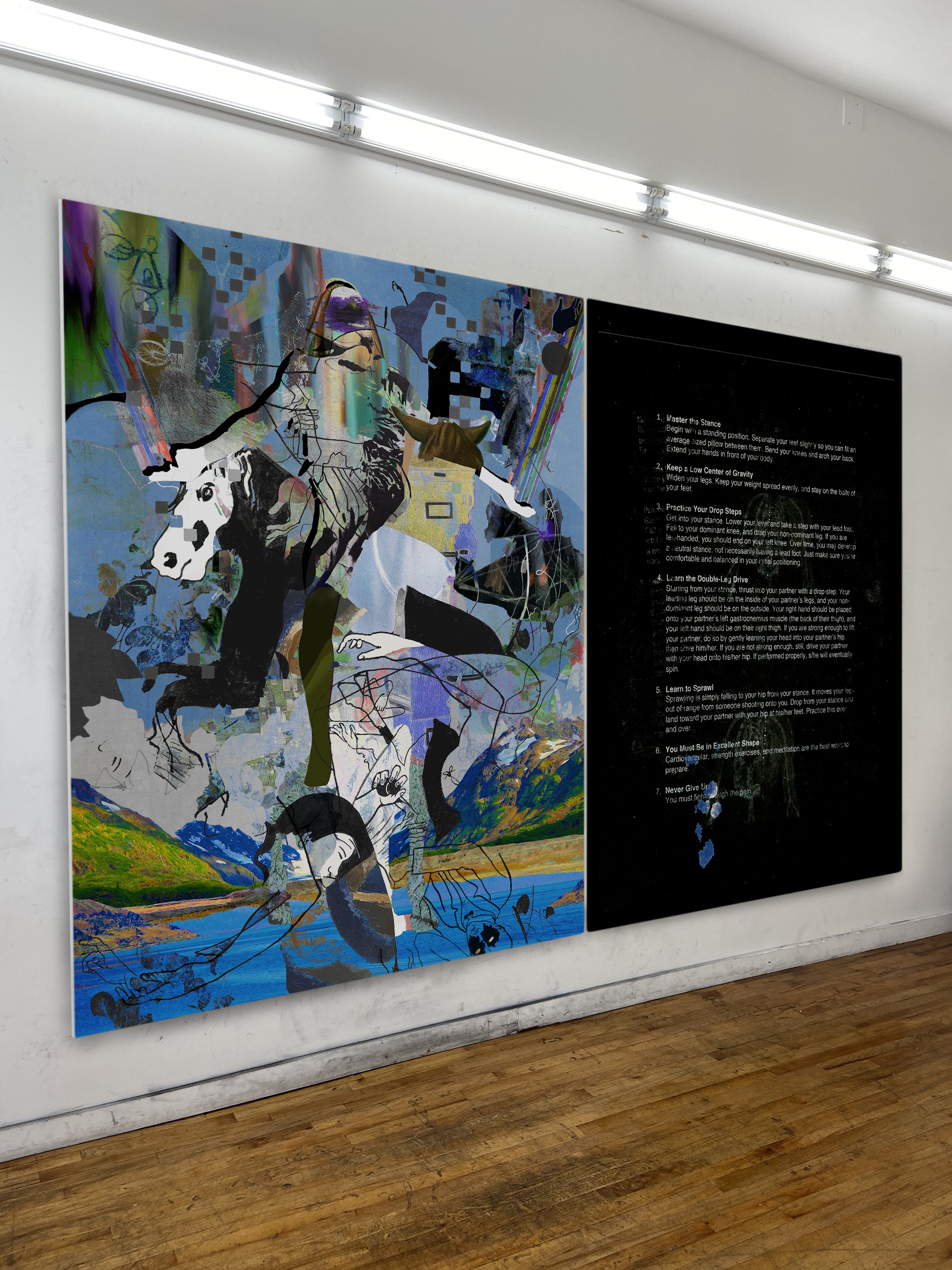 Master the Stance (diptych) | oil, graphite, colored pencils, photo transfers, marker, and ultraviolet print on canvas | each 92" x 67.5"