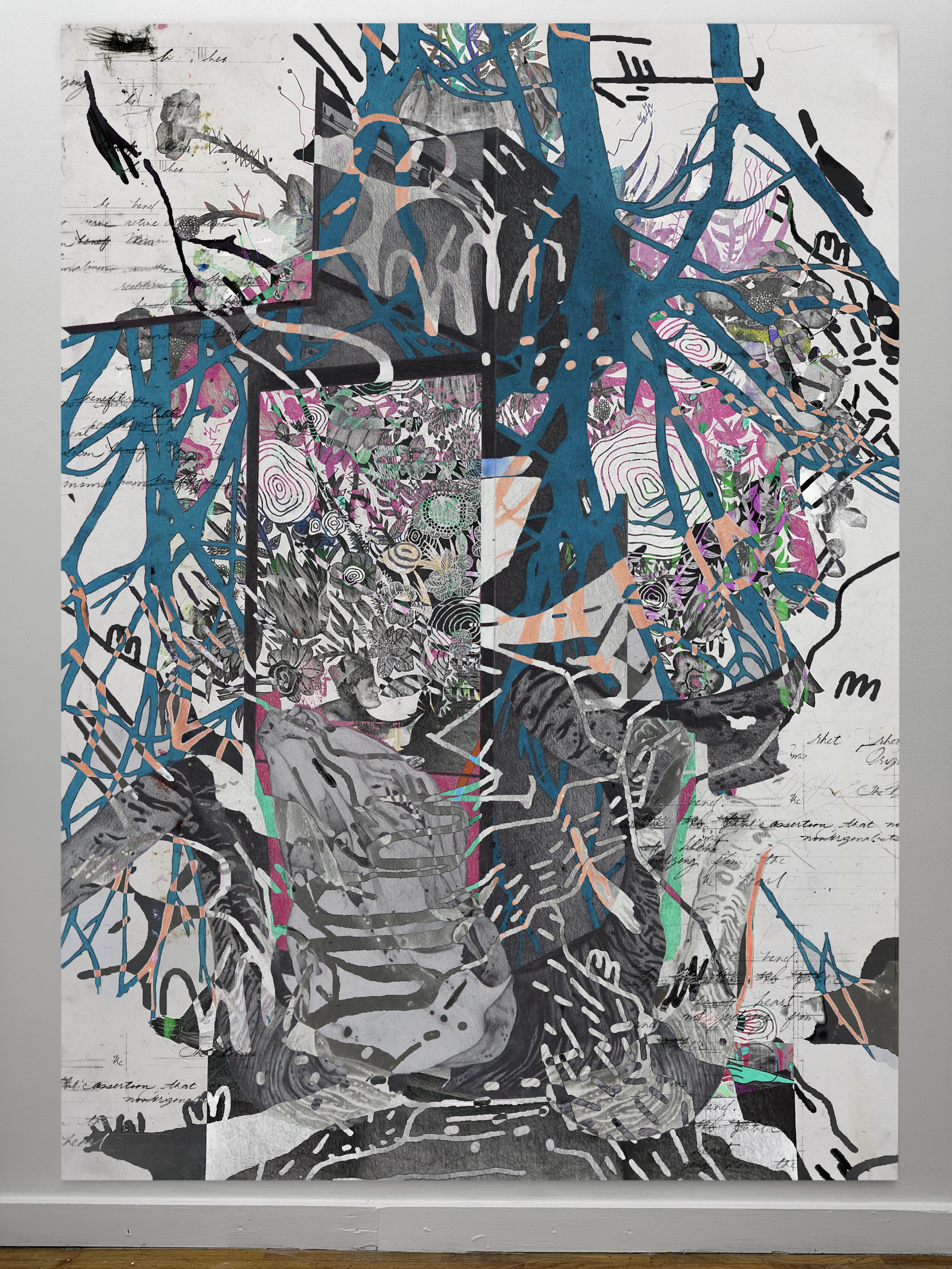 Pronounced KEE I | oil, graphite, colored pencils, photo transfers, marker, and ultraviolet print on canvas | 92" x 67.5"