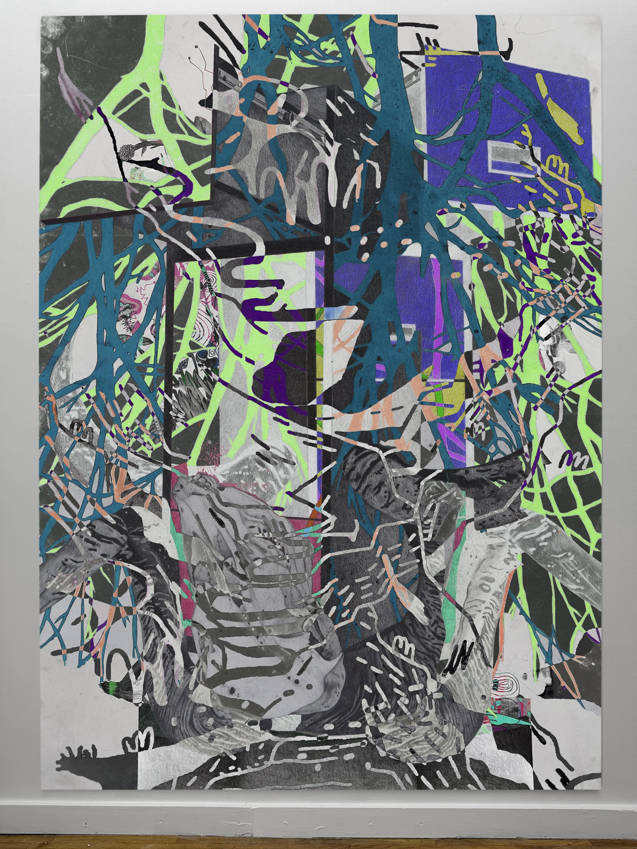 Pronounced KEE II | oil, graphite, colored pencils, photo transfers, marker, and ultraviolet print on canvas | 92" x 67.5"