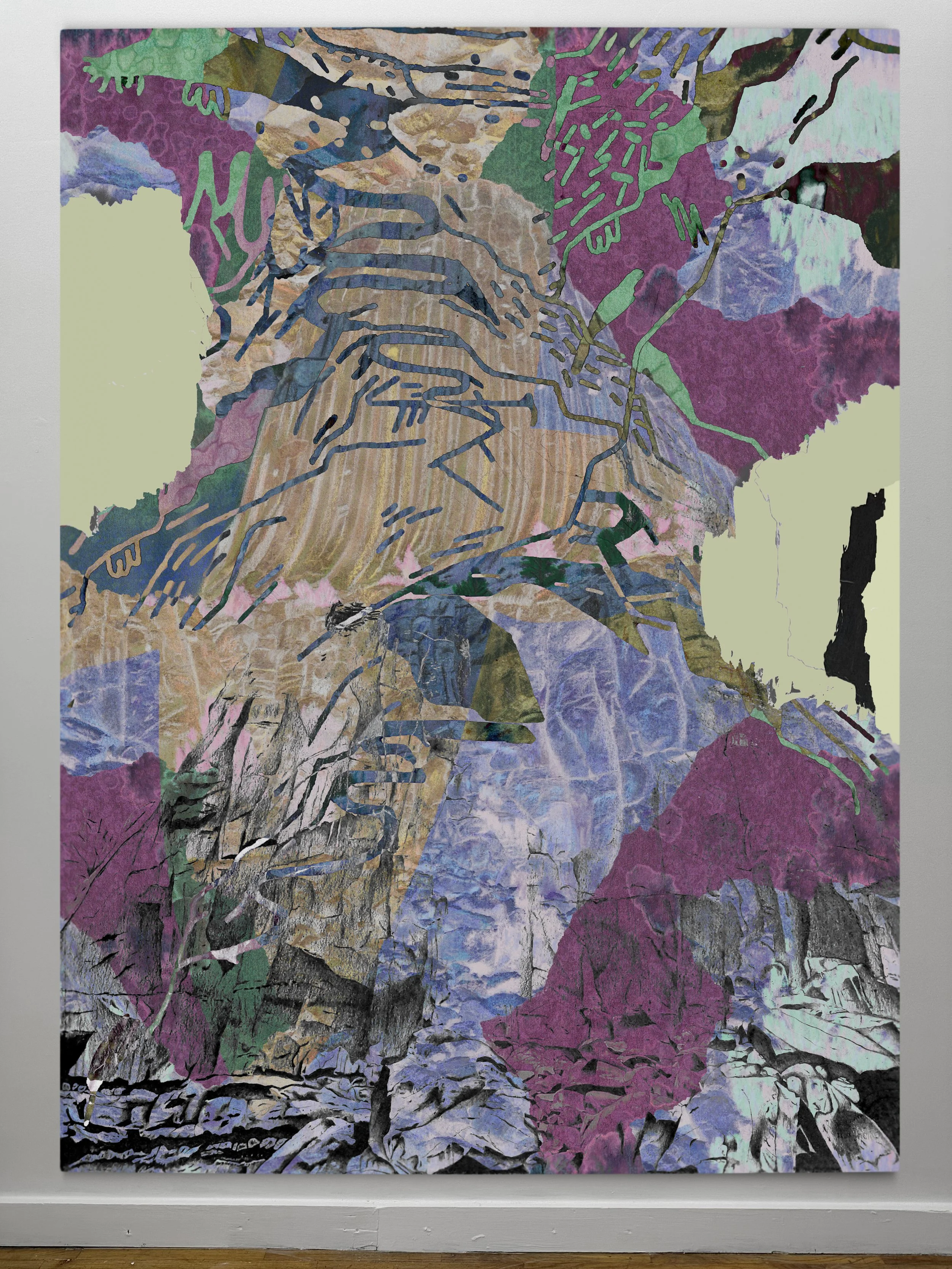 The Pagan River II | oil, graphite, colored pencils, photo transfers, marker, and ultraviolet print on canvas | 92" x 67.5"