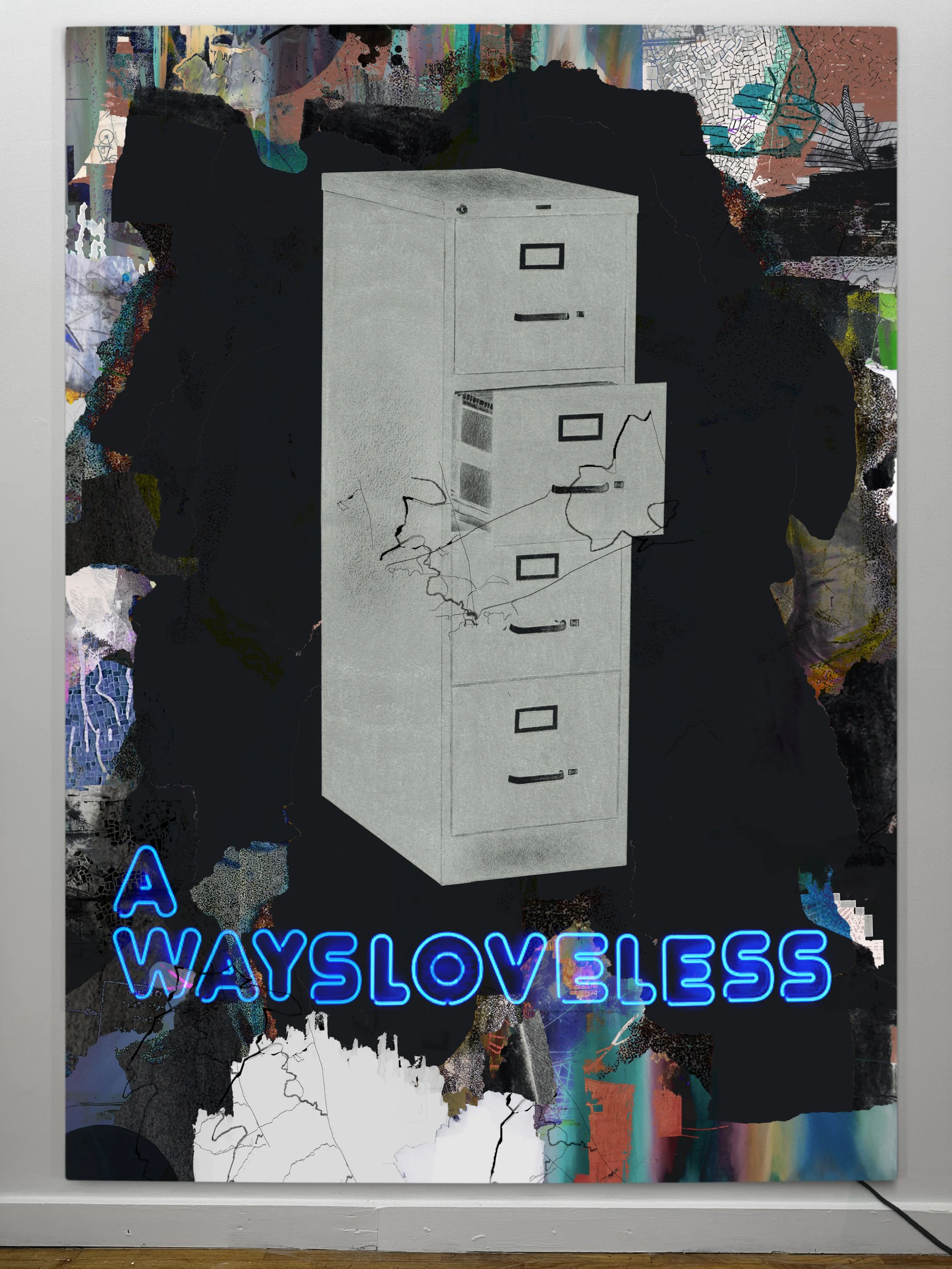 Untitled | neon, oil, graphite, colored pencils, photo transfers, marker, and ultraviolet print on canvas | 92" x 67.5"