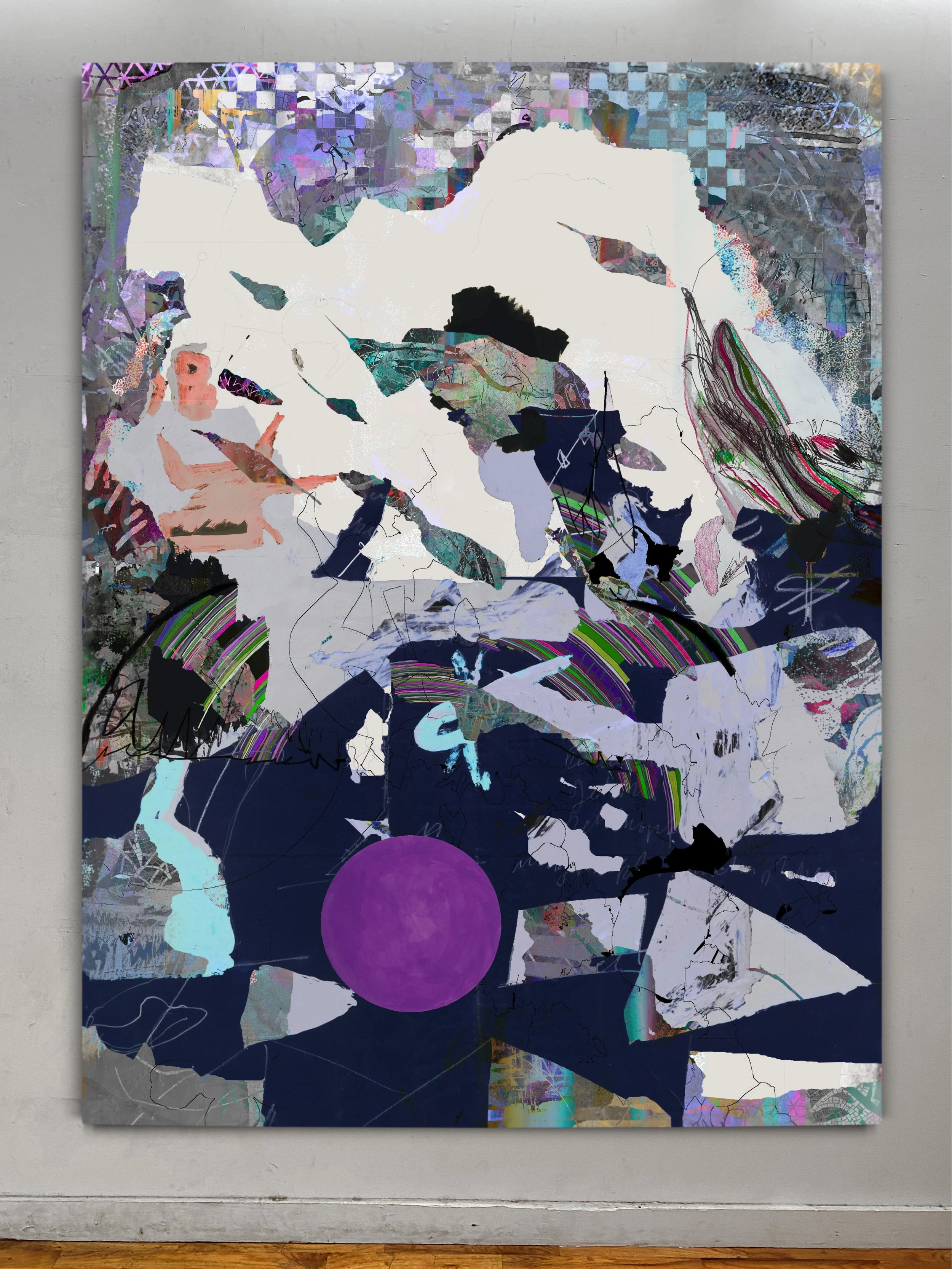 Château Gimme | oil, graphite, colored pencils, photo transfers, marker, and ultraviolet print on canvas | 92" x 67.5"
