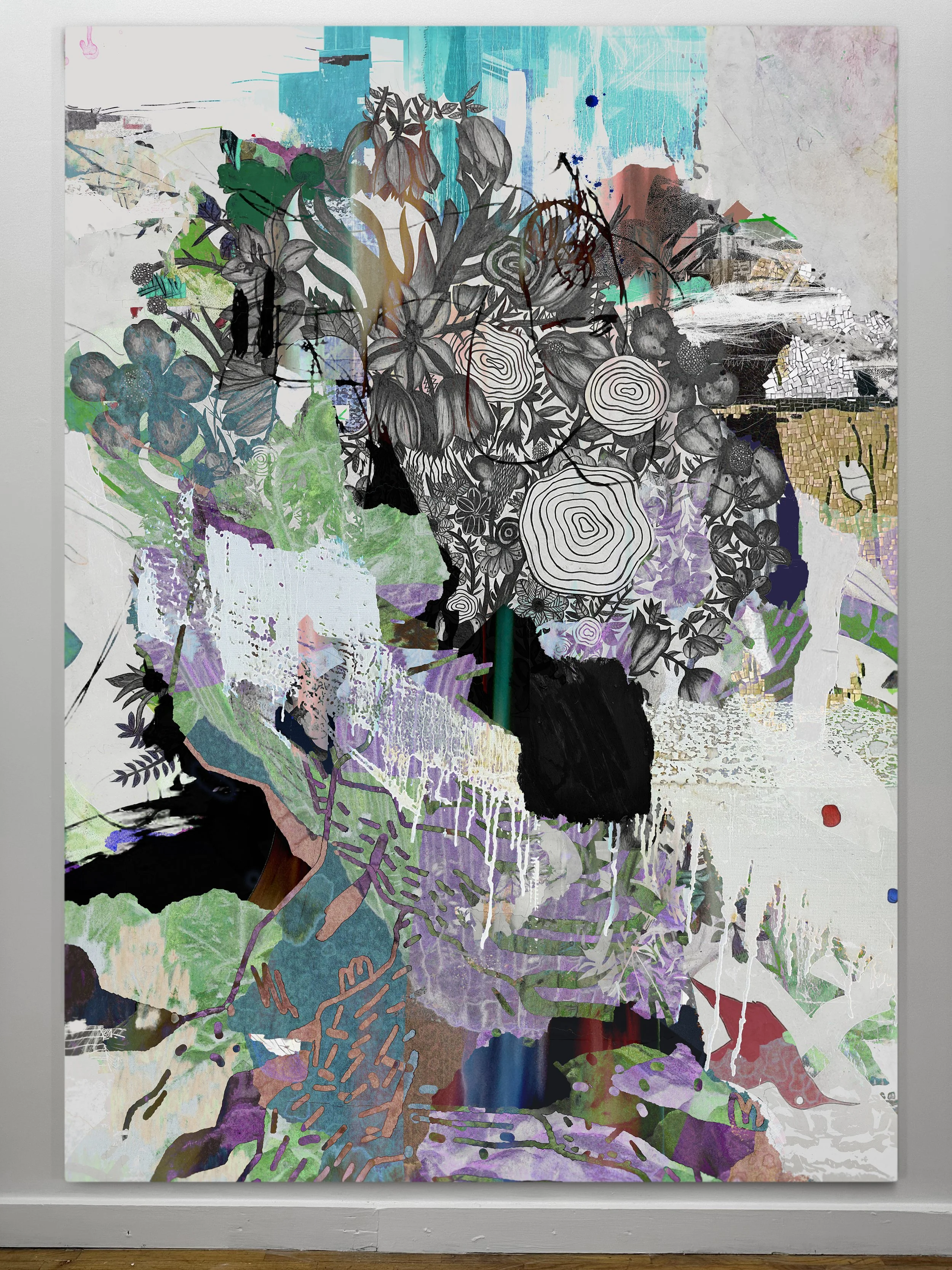 The Tell | oil, graphite, colored pencils, photo transfers, marker, and ultraviolet print on canvas | 92" x 67.5"