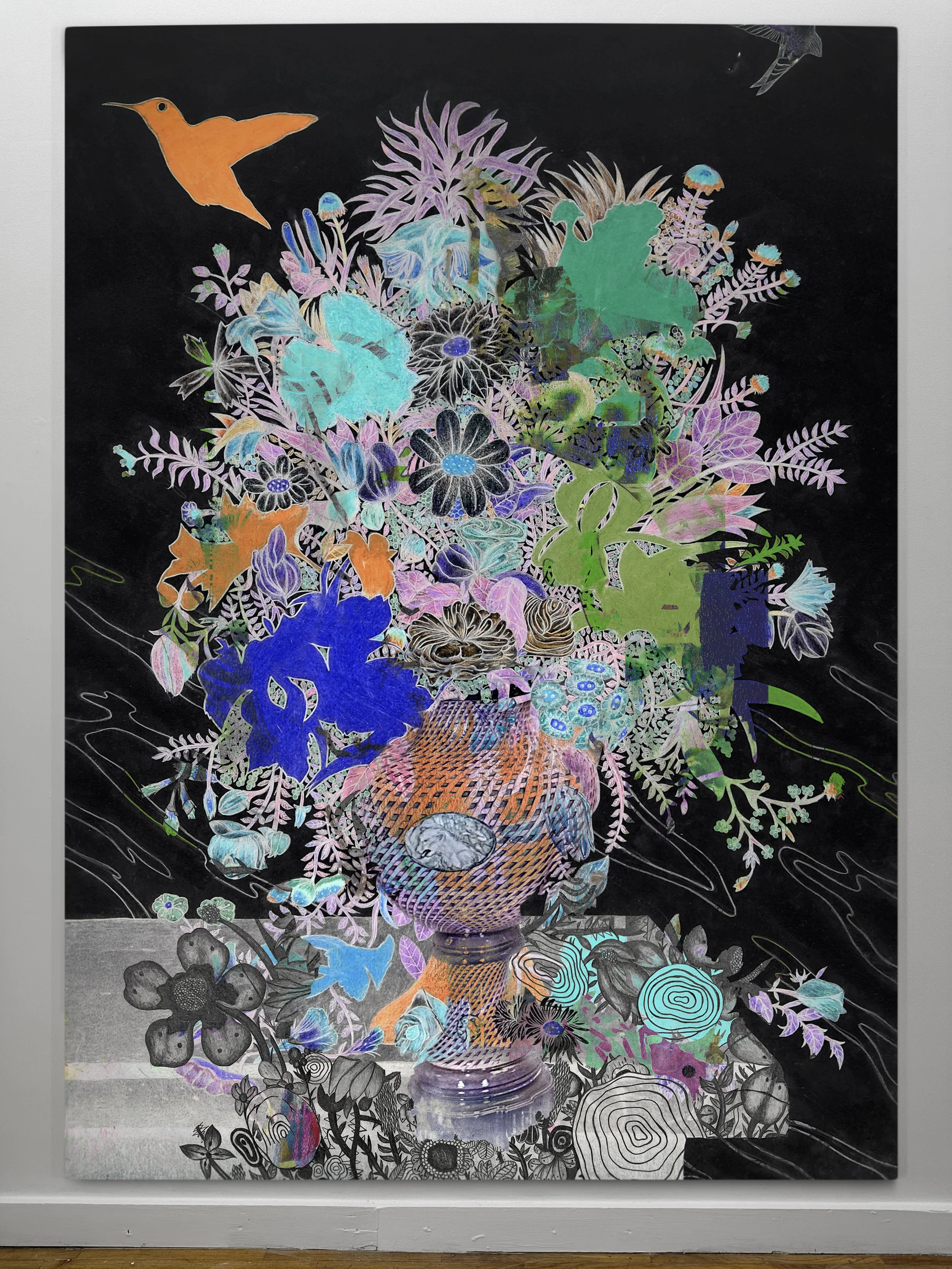 Severed as Ever | oil, graphite, colored pencils, photo transfers, marker, and ultraviolet print on canvas | 92" x 67.5"