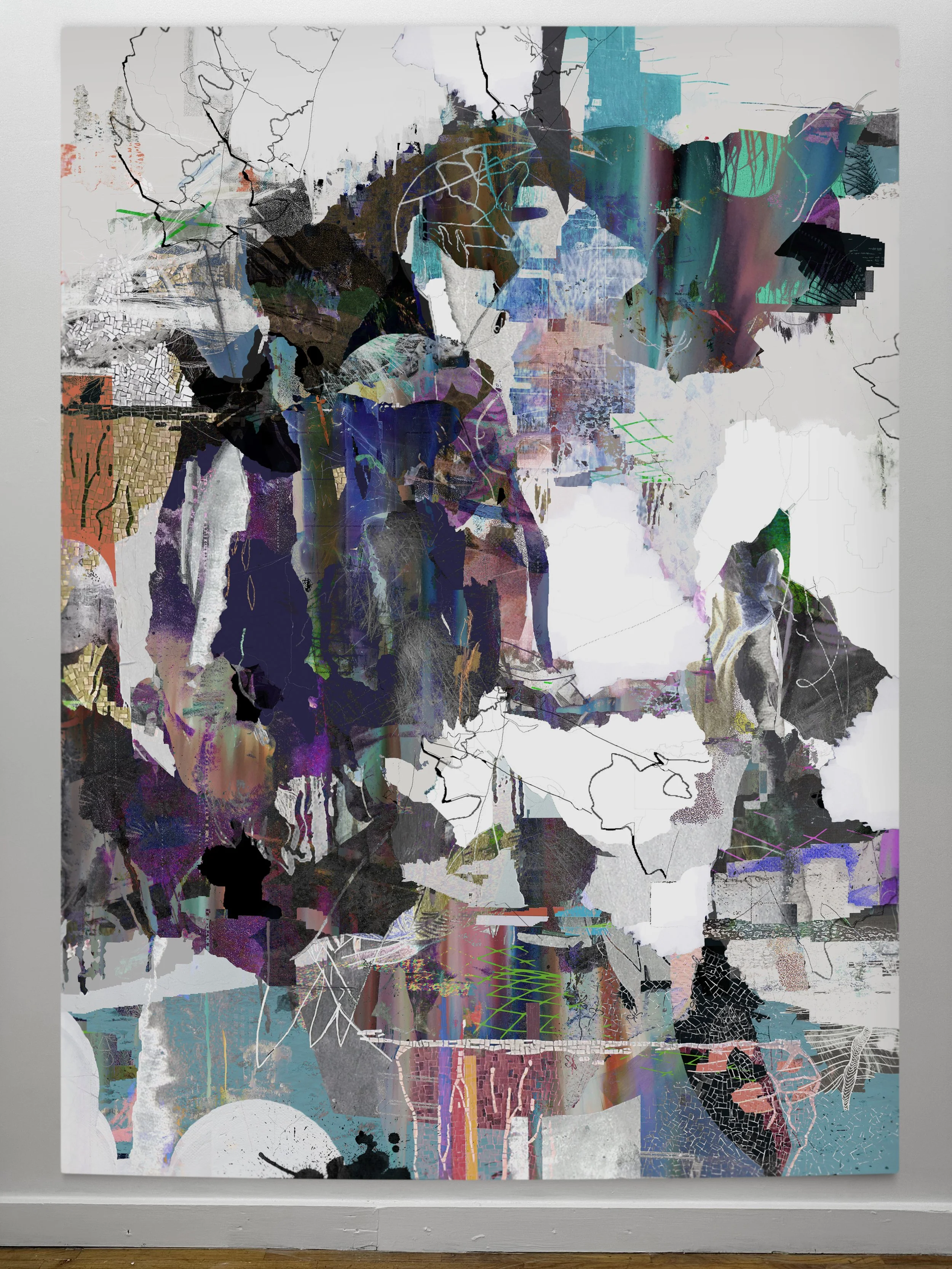 Killerfornia II | oil, graphite, colored pencils, photo transfers, marker, and ultraviolet print on canvas | 92" x 67.5"