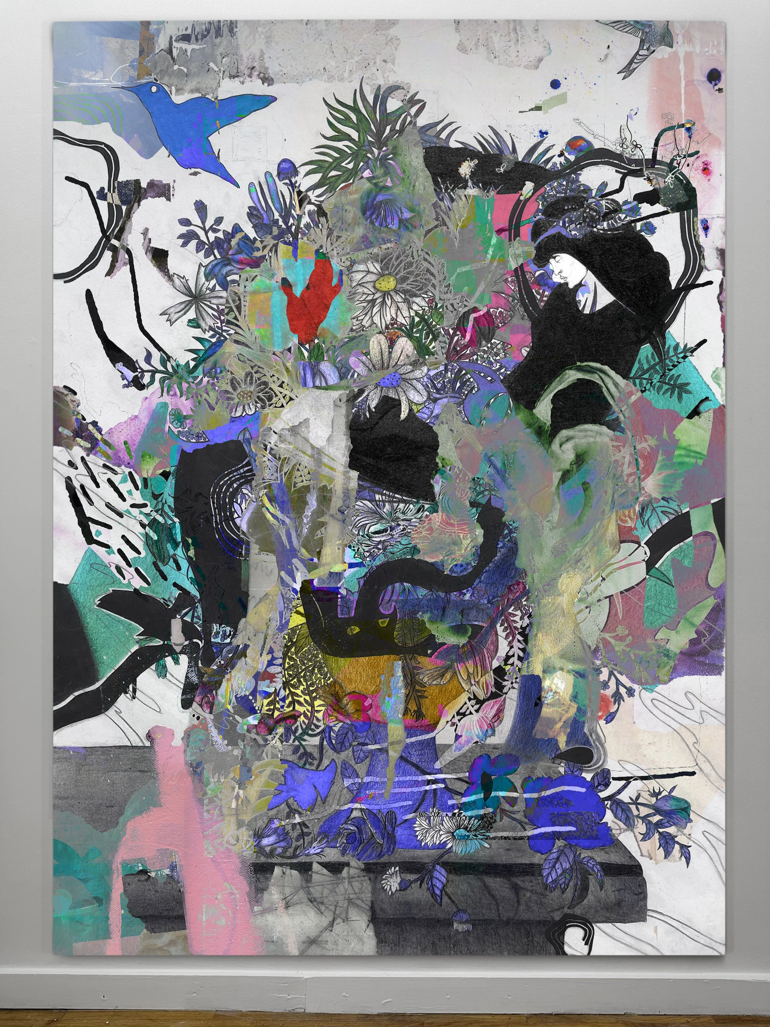 You Bore Me I | oil, graphite, colored pencils, photo transfers, marker, and ultraviolet print on canvas | 92" x 67.5"