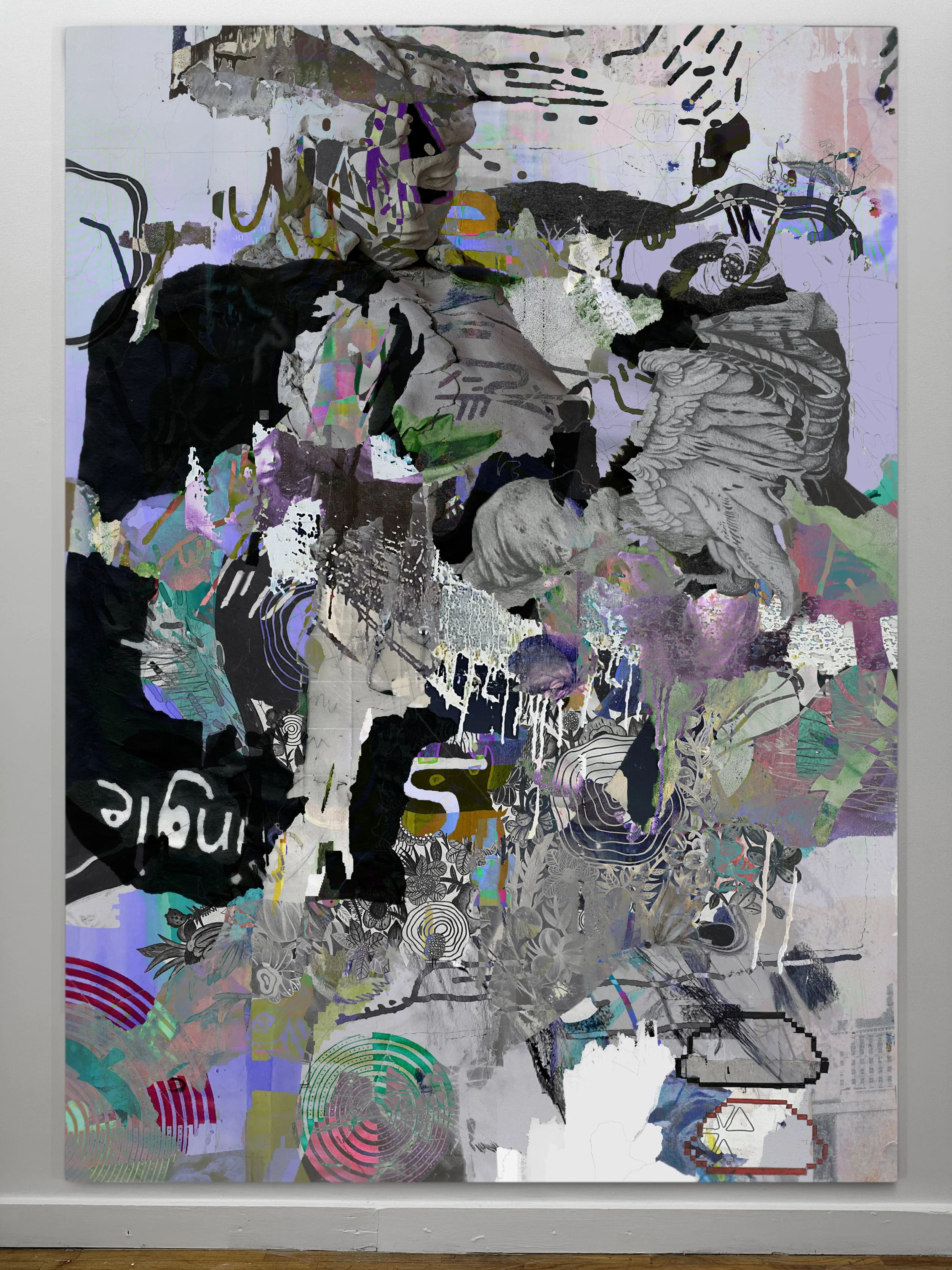 Elvira | oil, graphite, colored pencils, photo transfers, marker, and ultraviolet print on canvas | 92" x 67.5"