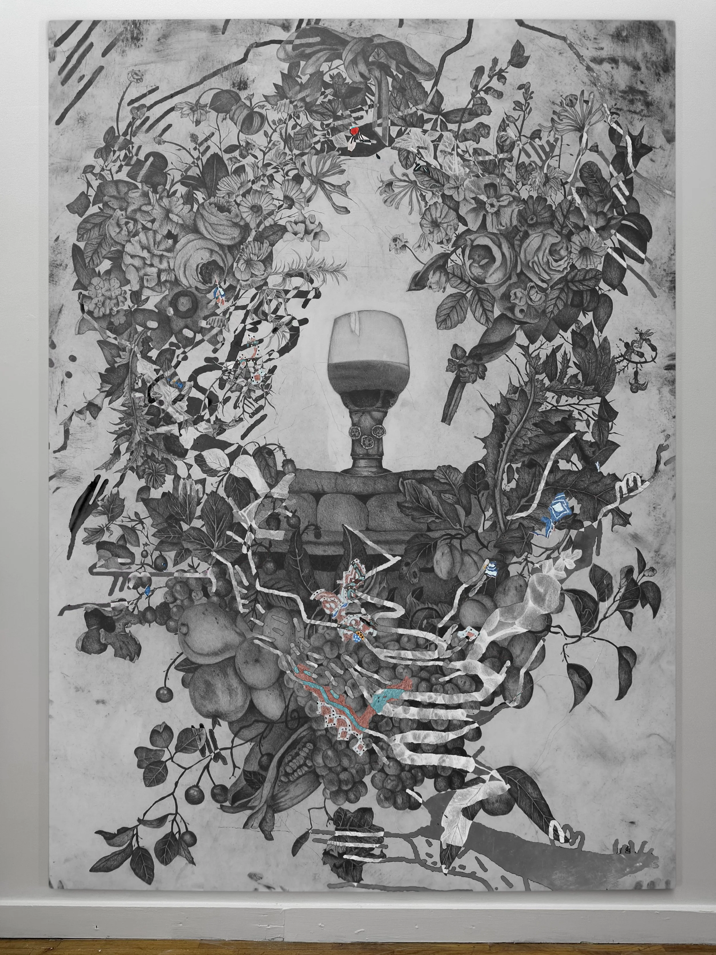 Ire and Fire | oil, graphite, colored pencils, photo transfers, marker, and ultraviolet print on canvas | 92" x 67.5"