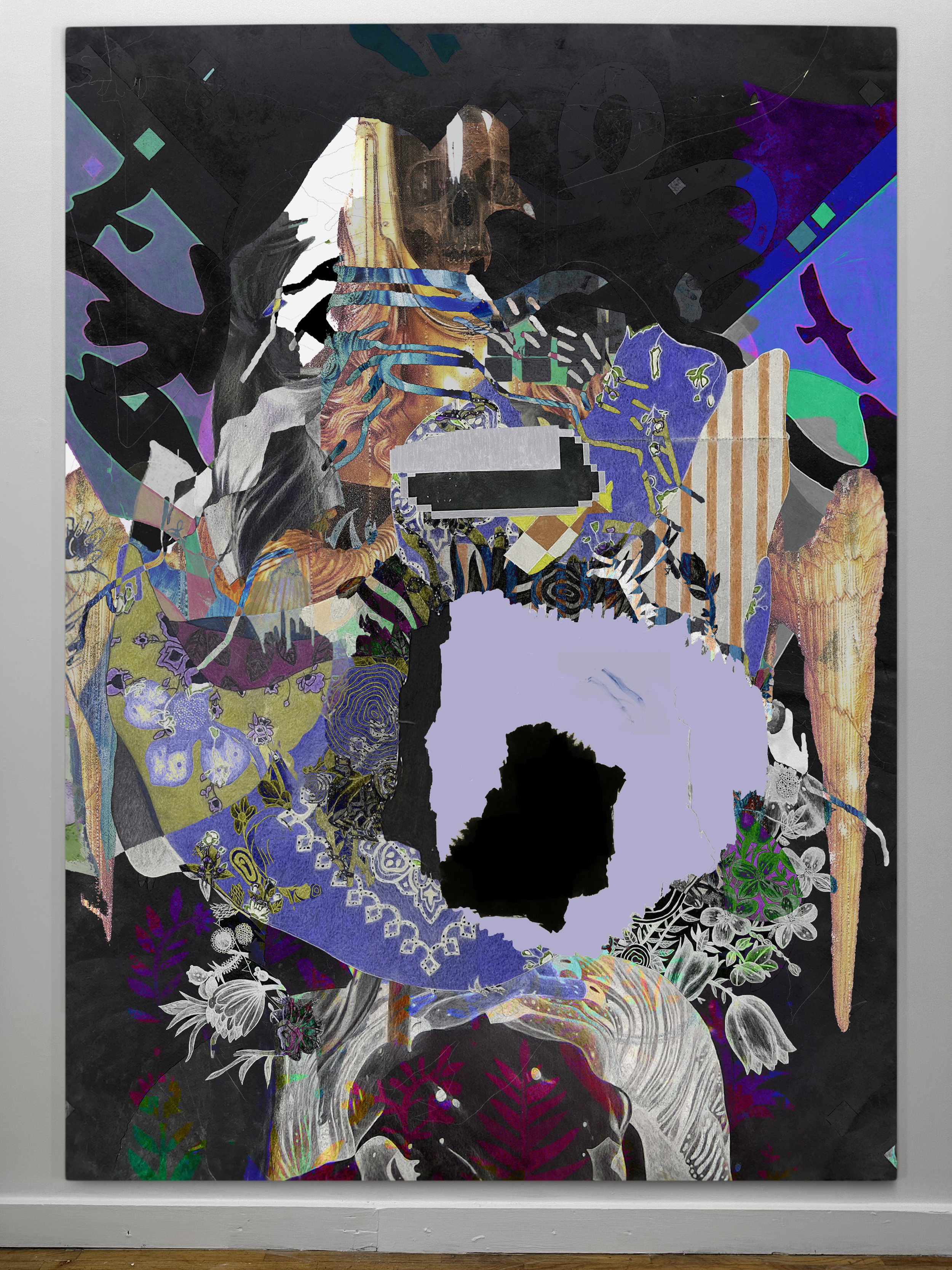 Tomb of the Eagles | oil, graphite, colored pencils, photo transfers, marker, and ultraviolet print on canvas | 92" x 67.5"