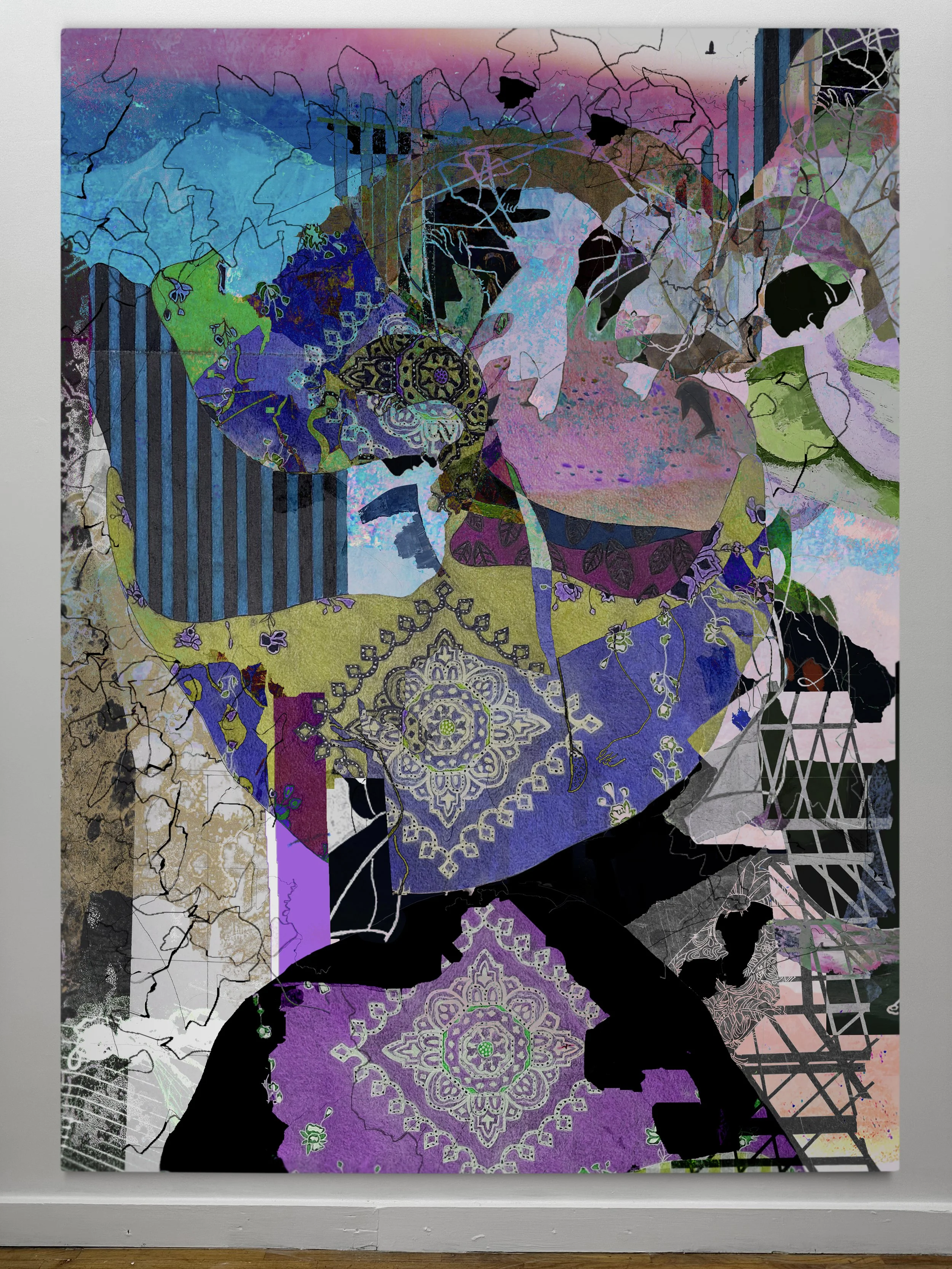 Aberdeen | oil, graphite, colored pencils, photo transfers, marker, and ultraviolet print on canvas | 92" x 67.5"