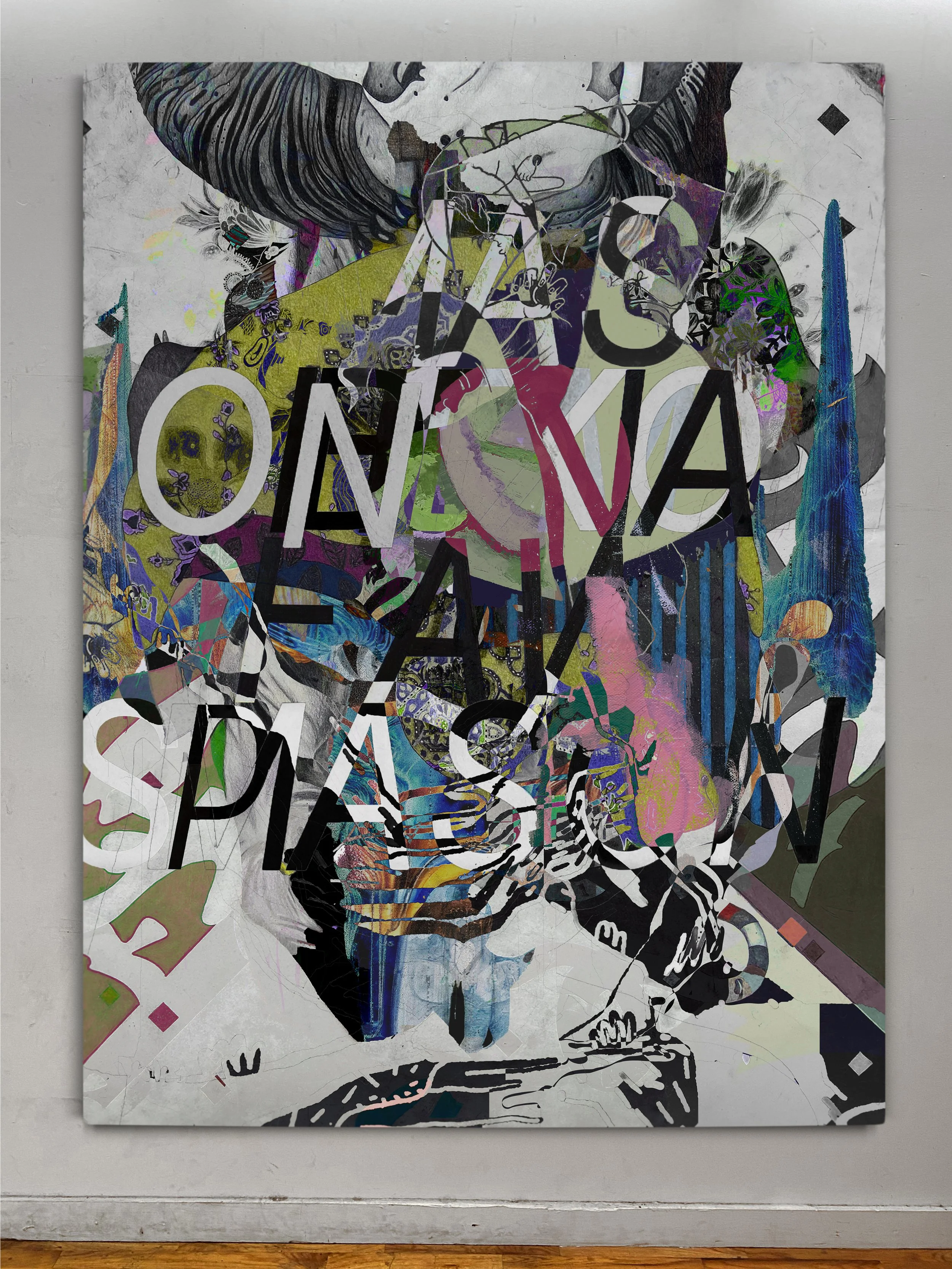 AKA Spotsylvania | oil, graphite, colored pencils, photo transfers, marker, and ultraviolet print on canvas | 92" x 67.5"