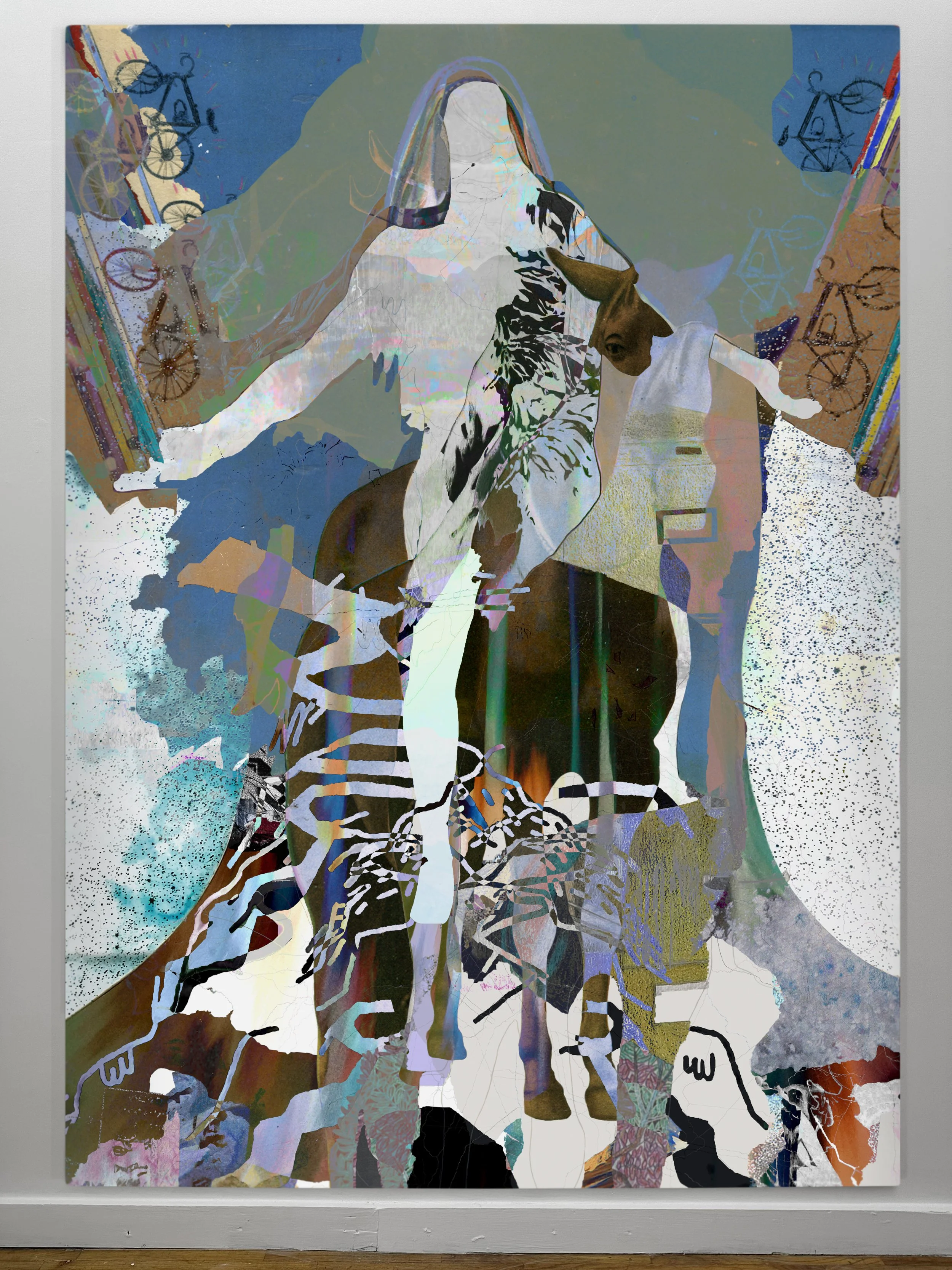 The Carolina Reaper | oil, graphite, colored pencils, photo transfers, marker, and ultraviolet print on canvas | 92" x 67.5"