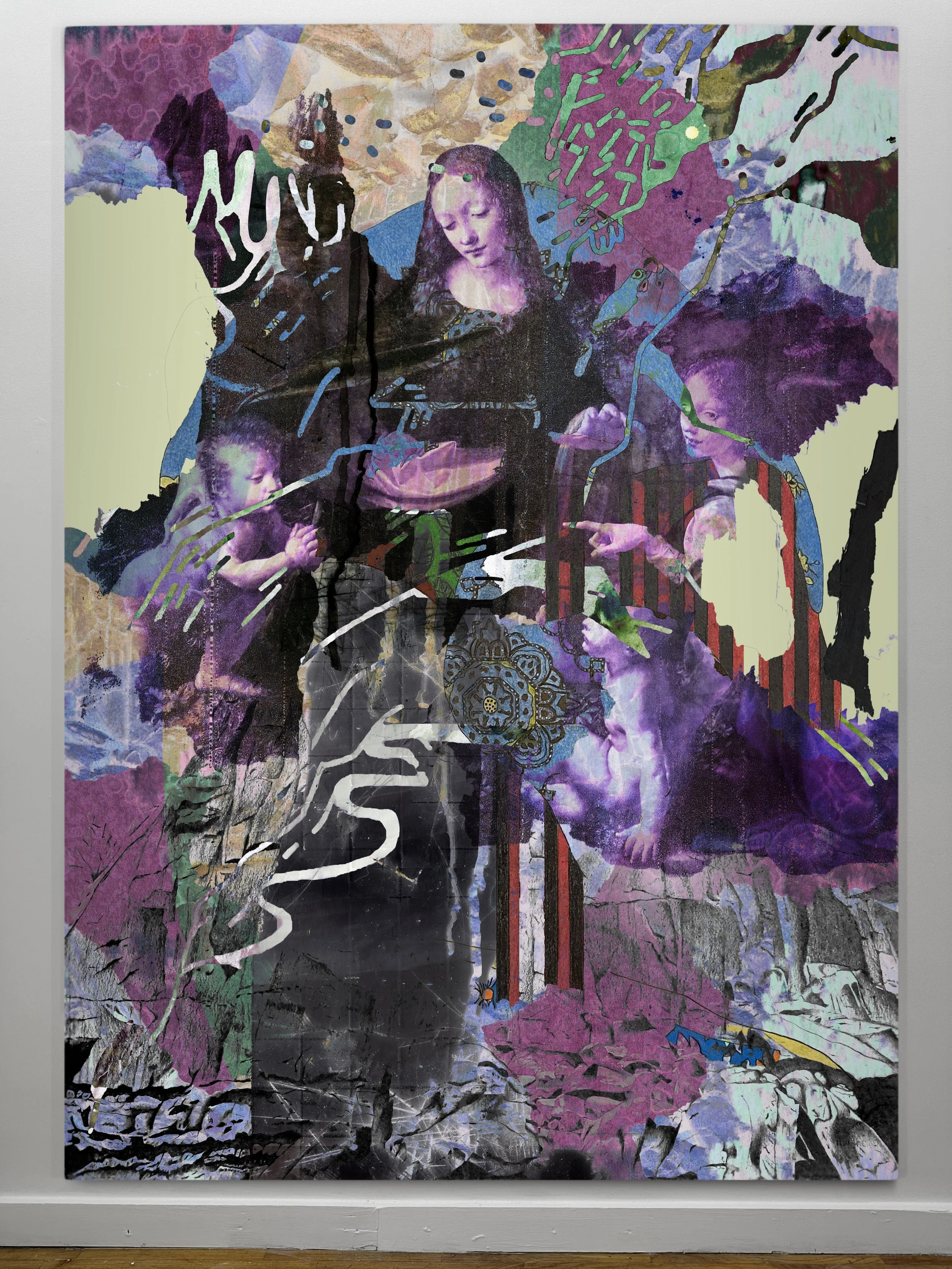 Ratings Machine | oil, graphite, colored pencils, photo transfers, marker, and ultraviolet print on canvas | 92" x 67.5"