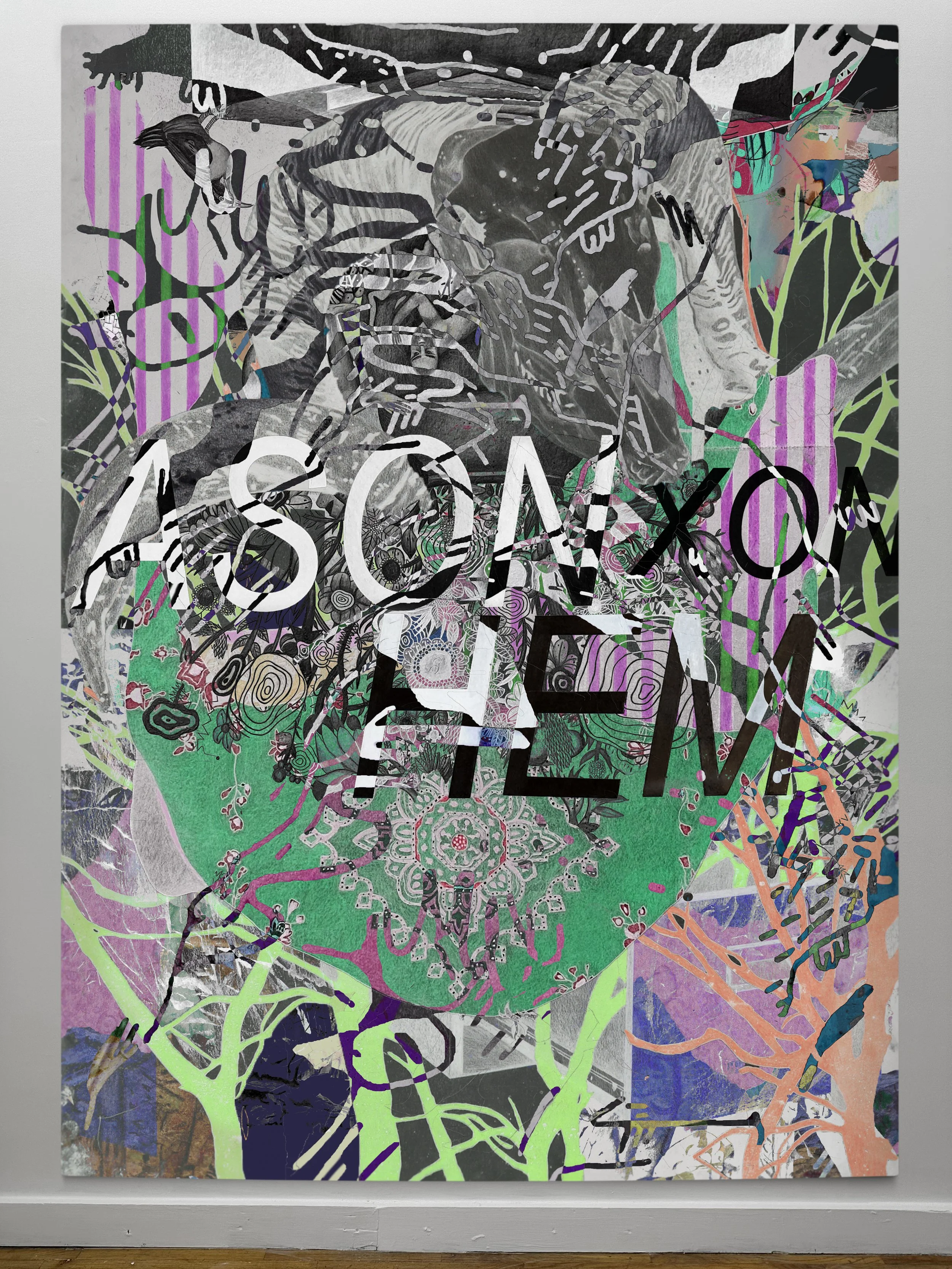 ASON xoN HEM | oil, graphite, colored pencils, photo transfers, marker, and ultraviolet print on canvas | 92" x 67.5"