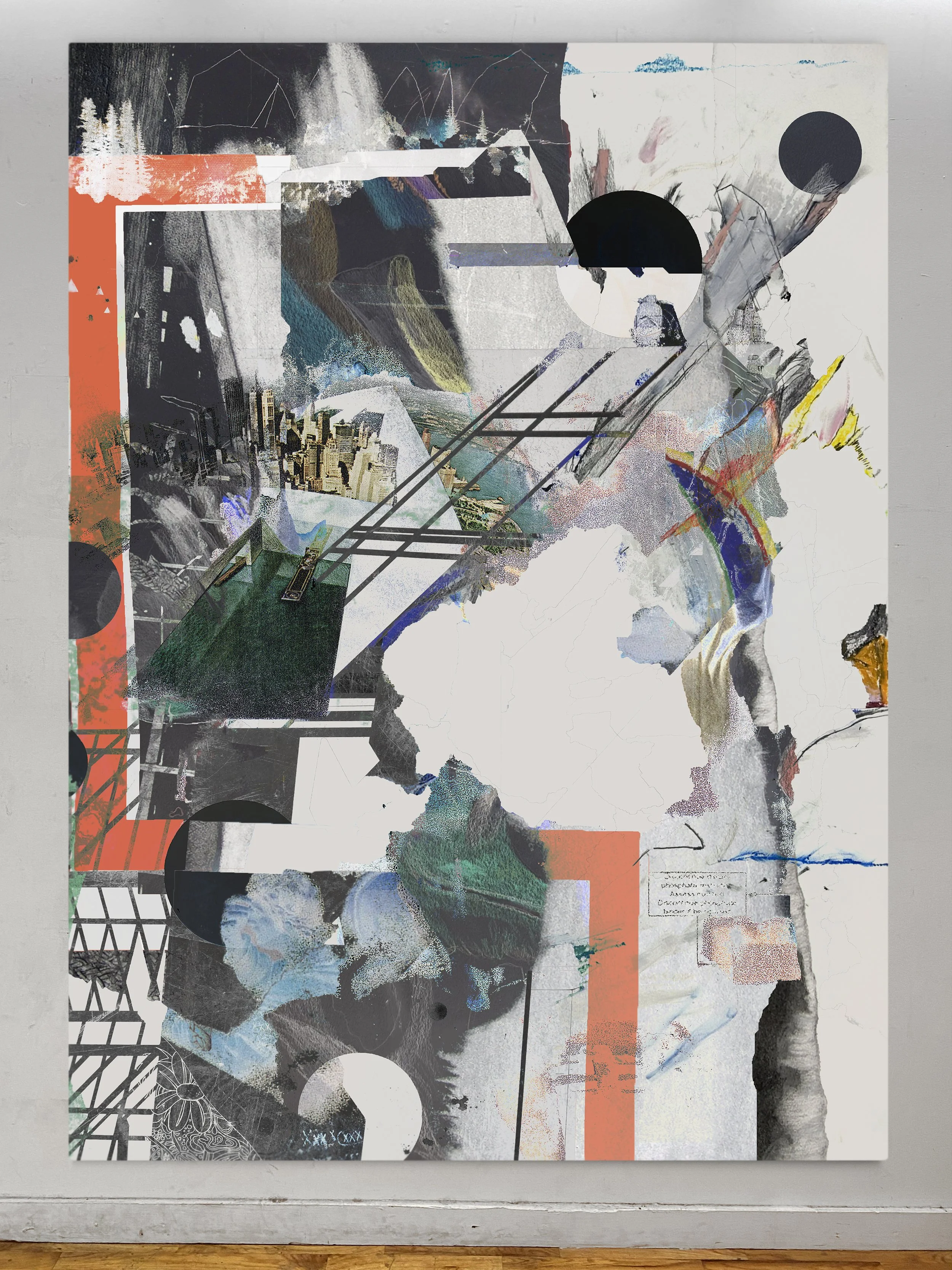 Optimistic I | oil, graphite, colored pencils, photo transfers, marker, and ultraviolet print on canvas | 92" x 67.5"