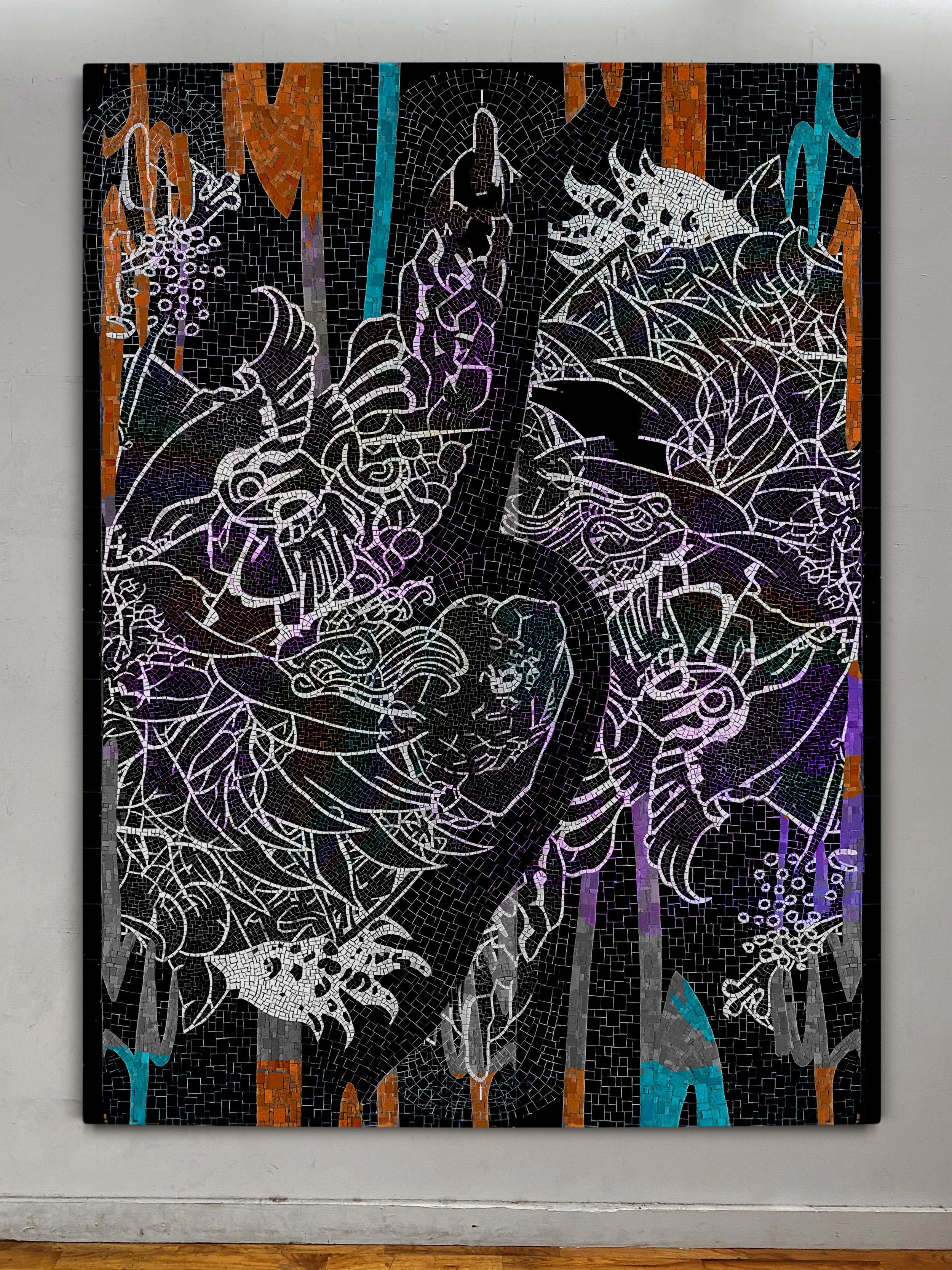 Death | oil, graphite, colored pencils, photo transfers, marker, and ultraviolet print on canvas | 92" x 67.5"