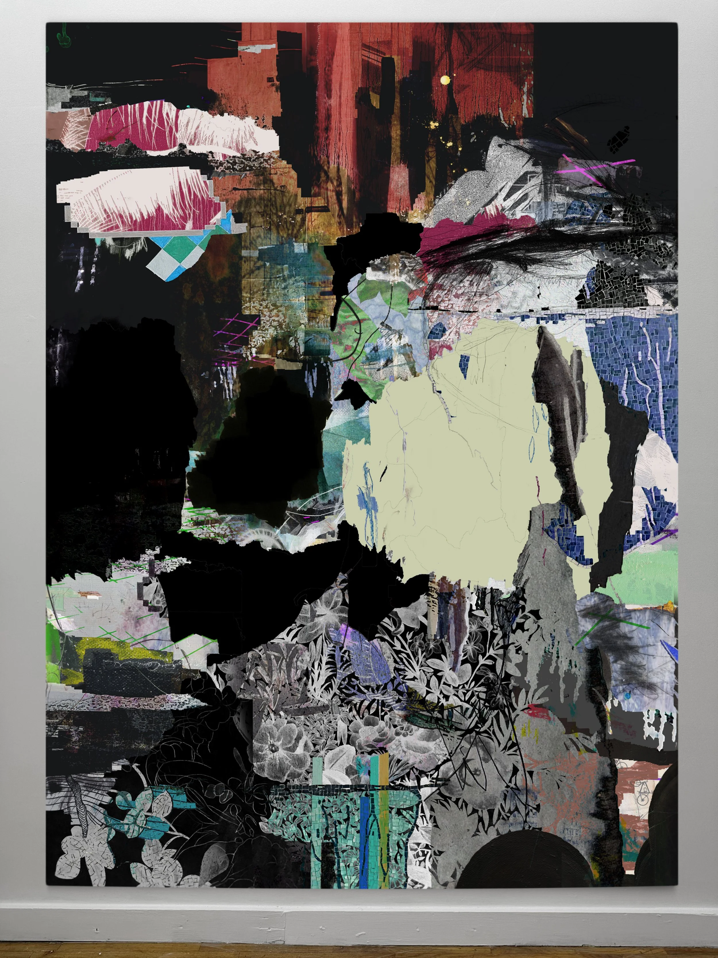 The Riff Beneath the Radar | oil, graphite, colored pencils, photo transfers, marker, and ultraviolet print on canvas | 92" x 67.5"