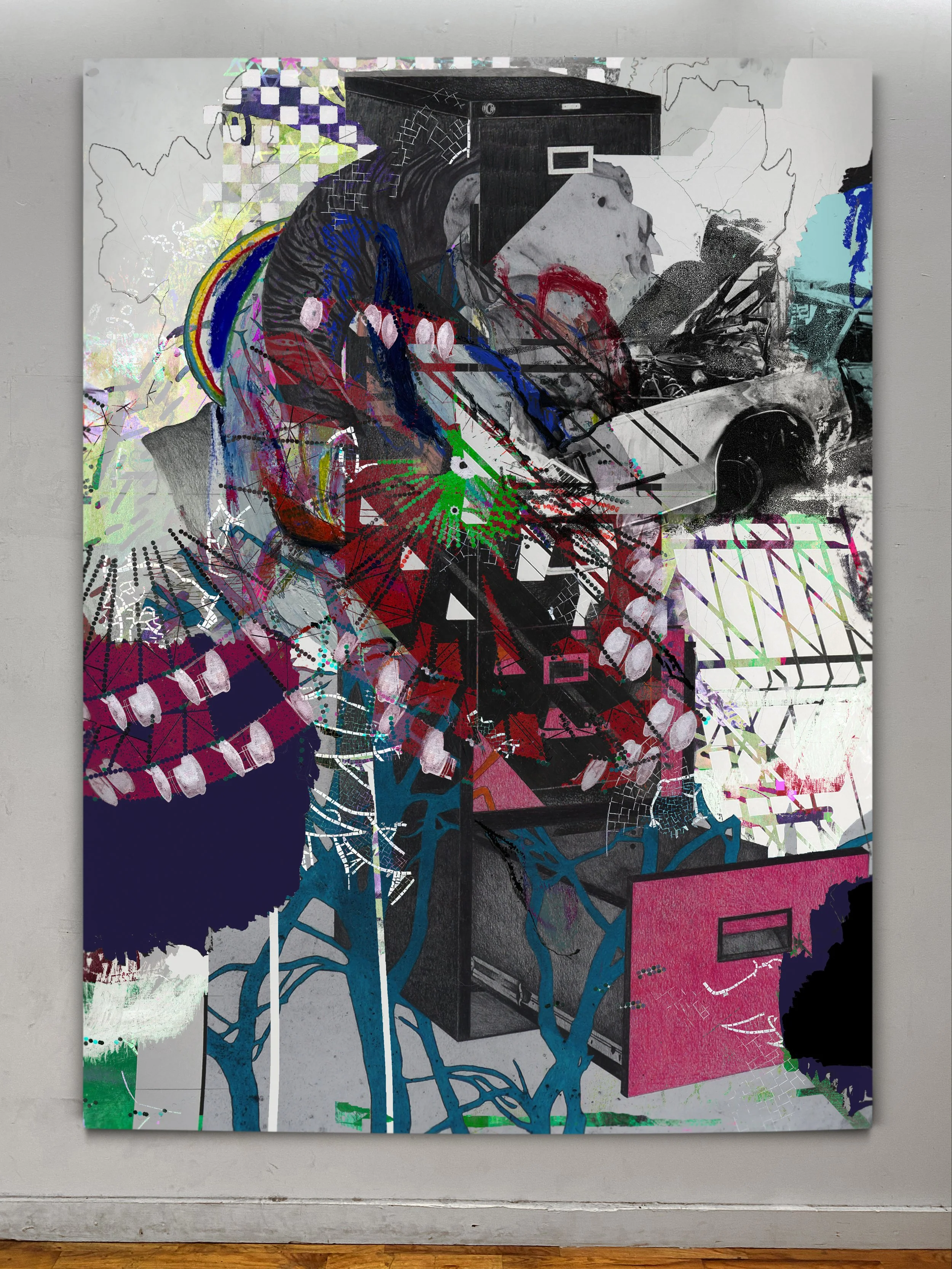 Dirty Blonde | oil, graphite, colored pencils, photo transfers, marker, and ultraviolet print on canvas | 92" x 67.5"