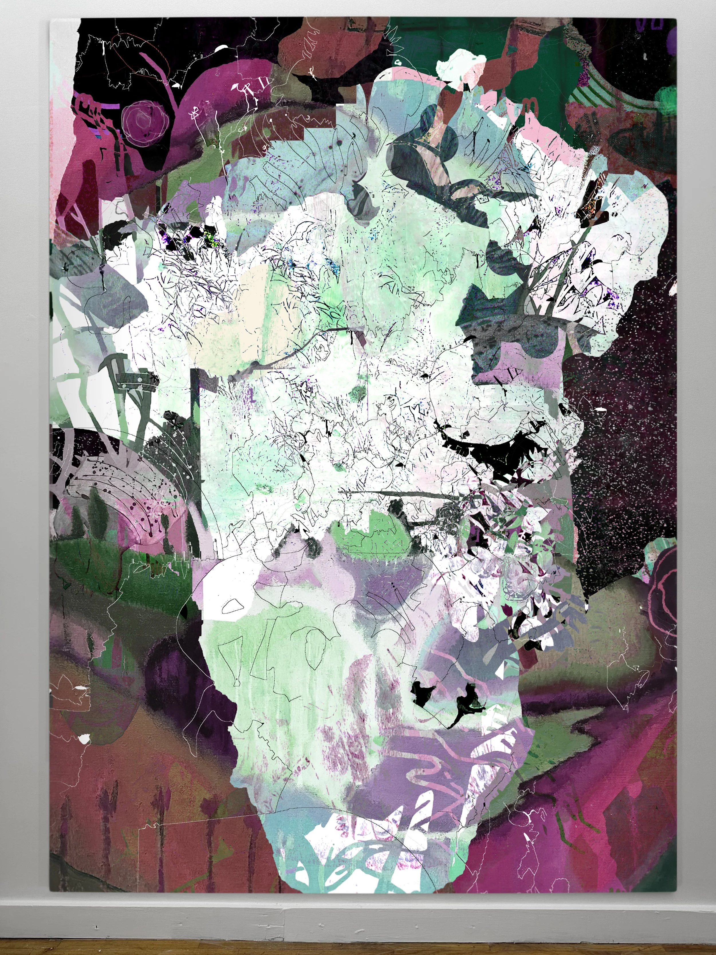 A Bouquet OK Man Ray | oil, graphite, colored pencils, photo transfers, marker, and ultraviolet print on canvas | 92" x 67.5"