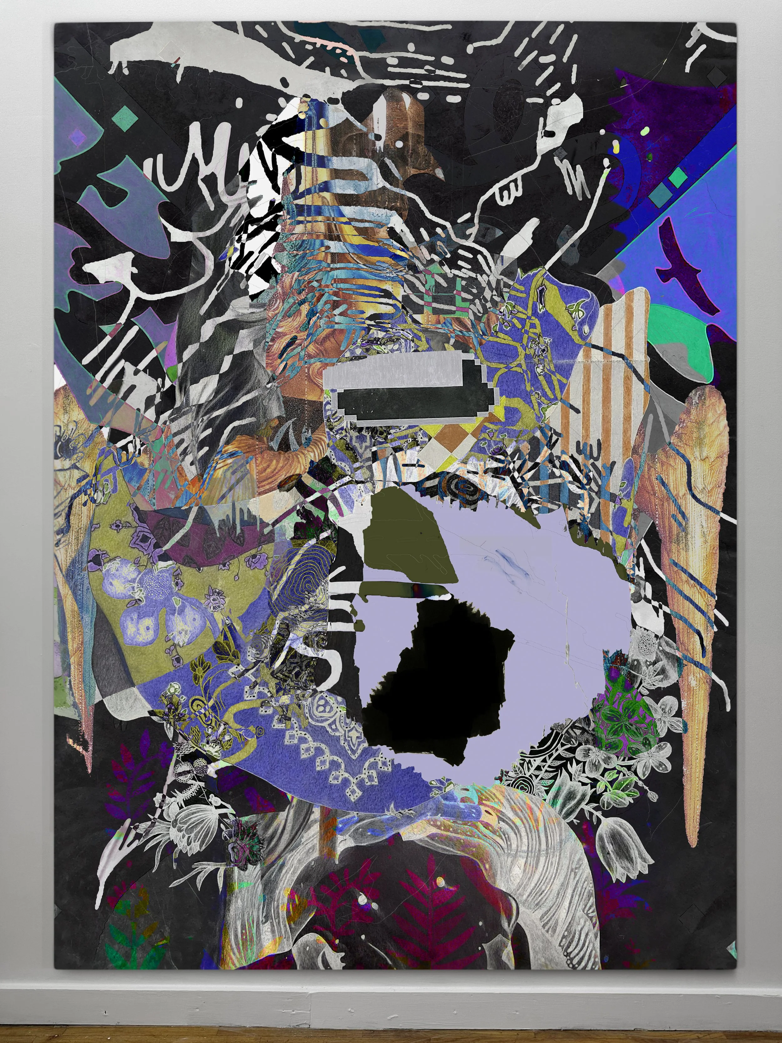 Tomb of the Eagles | oil, graphite, colored pencils, photo transfers, marker, and ultraviolet print on canvas | 92" x 67.5"