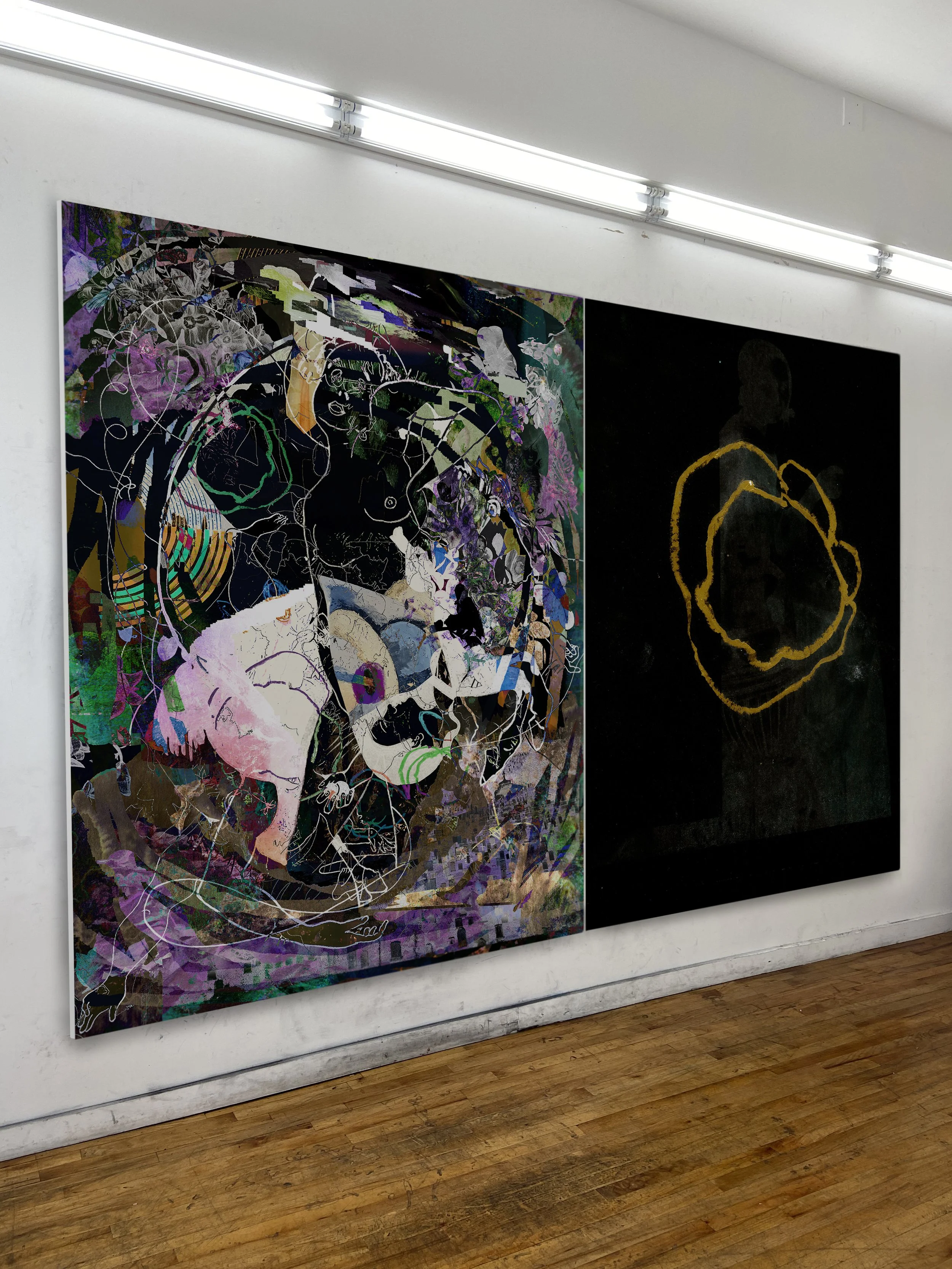 All That Heaven Allows (diptych) | oil, graphite, colored pencils, photo transfers, marker, and ultraviolet print on canvas | each 92" x 67.5"