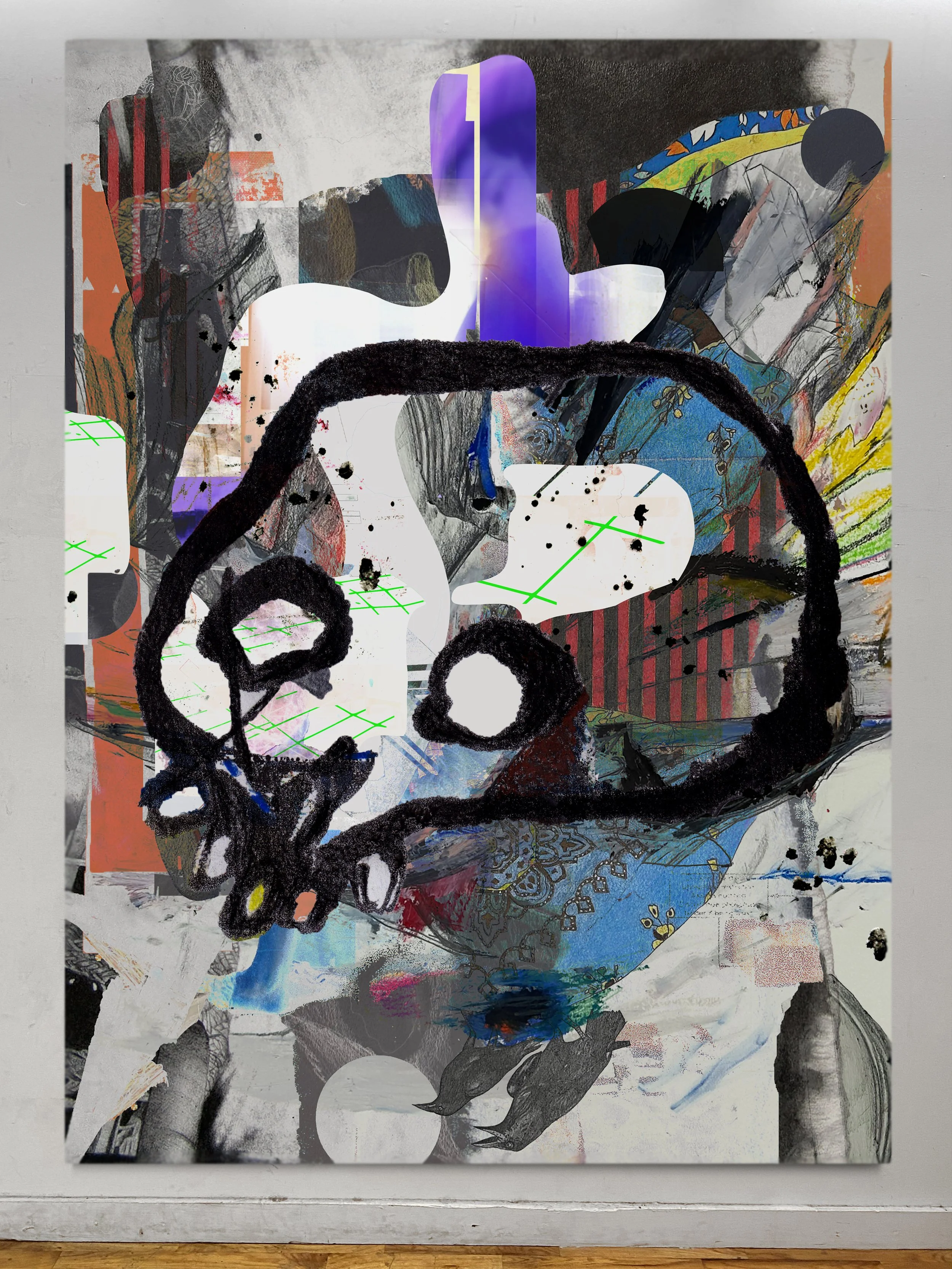 Zilch | oil, graphite, colored pencils, photo transfers, marker, and ultraviolet print on canvas | 92" x 67.5"