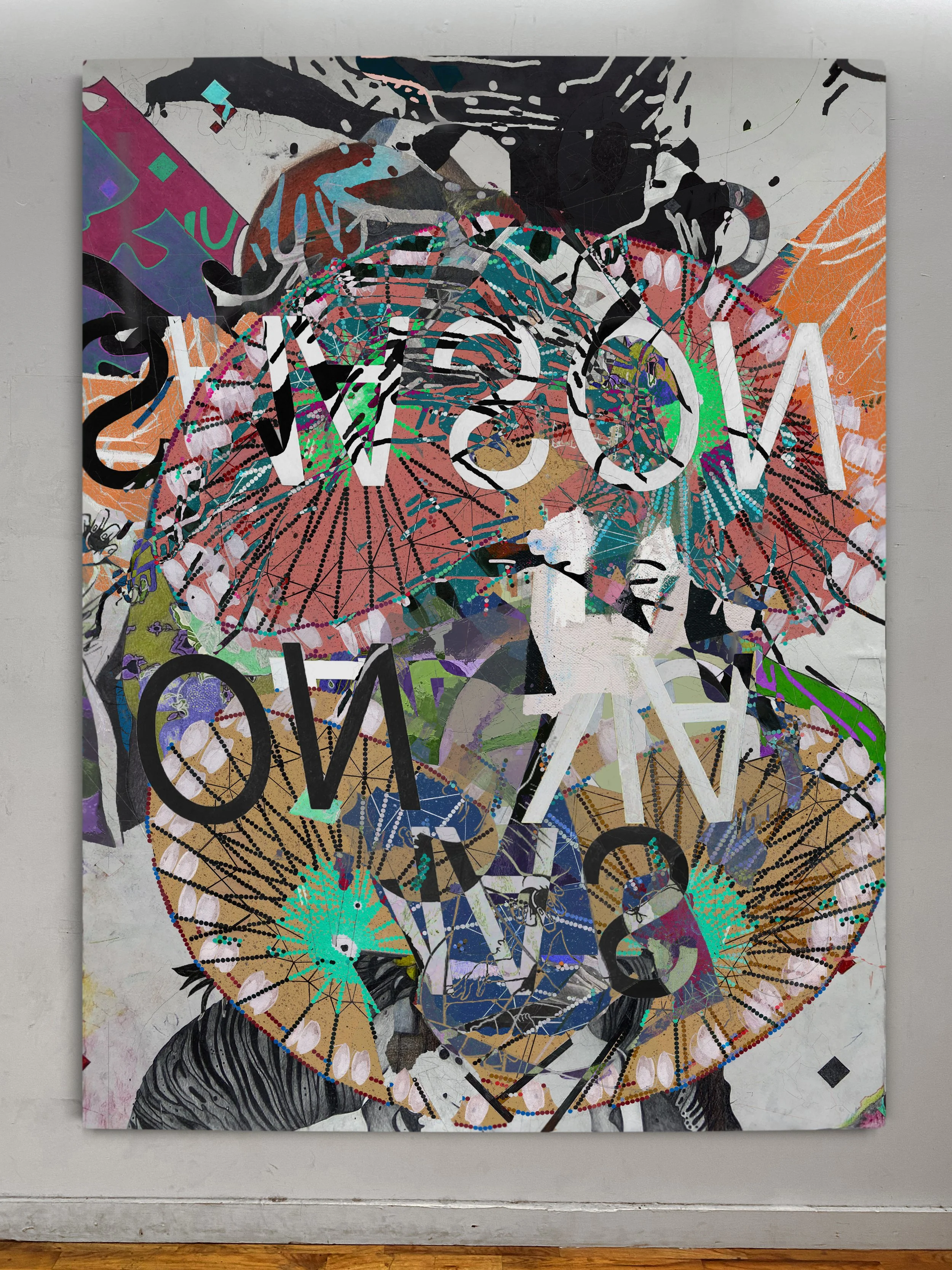 Plagiarism | oil, graphite, colored pencils, photo transfers, marker, and ultraviolet print on canvas | 92" x 67.5"