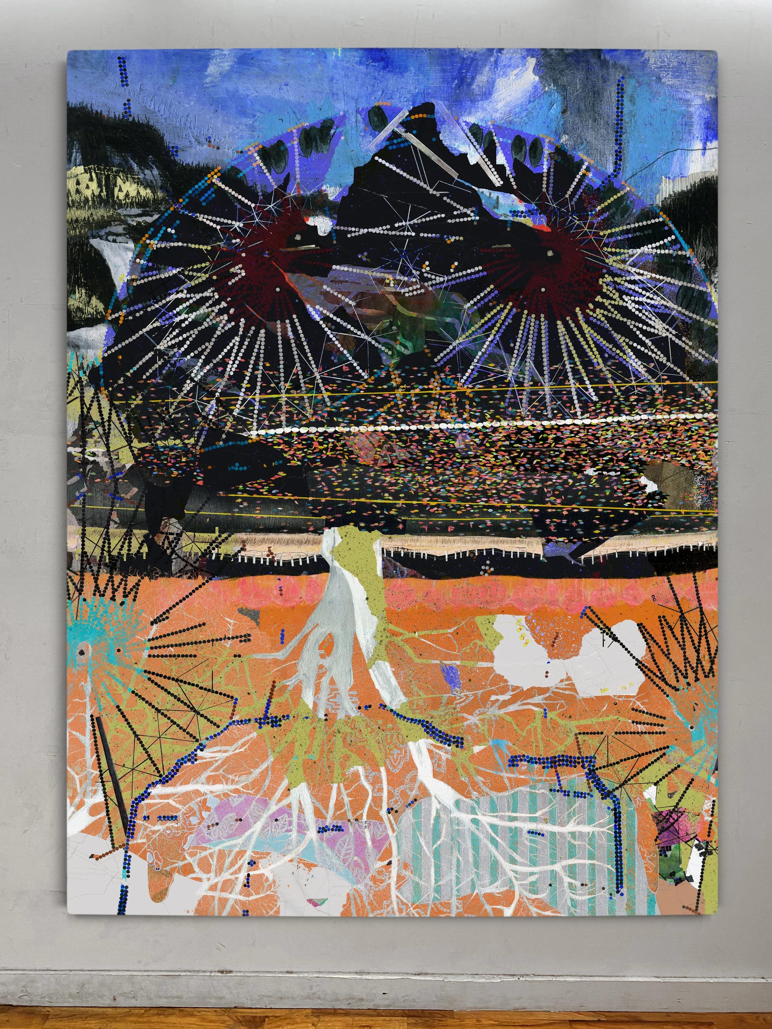 Corridor of Memories II | oil, graphite, colored pencils, photo transfers, marker, and ultraviolet print on canvas | 92" x 67.5"