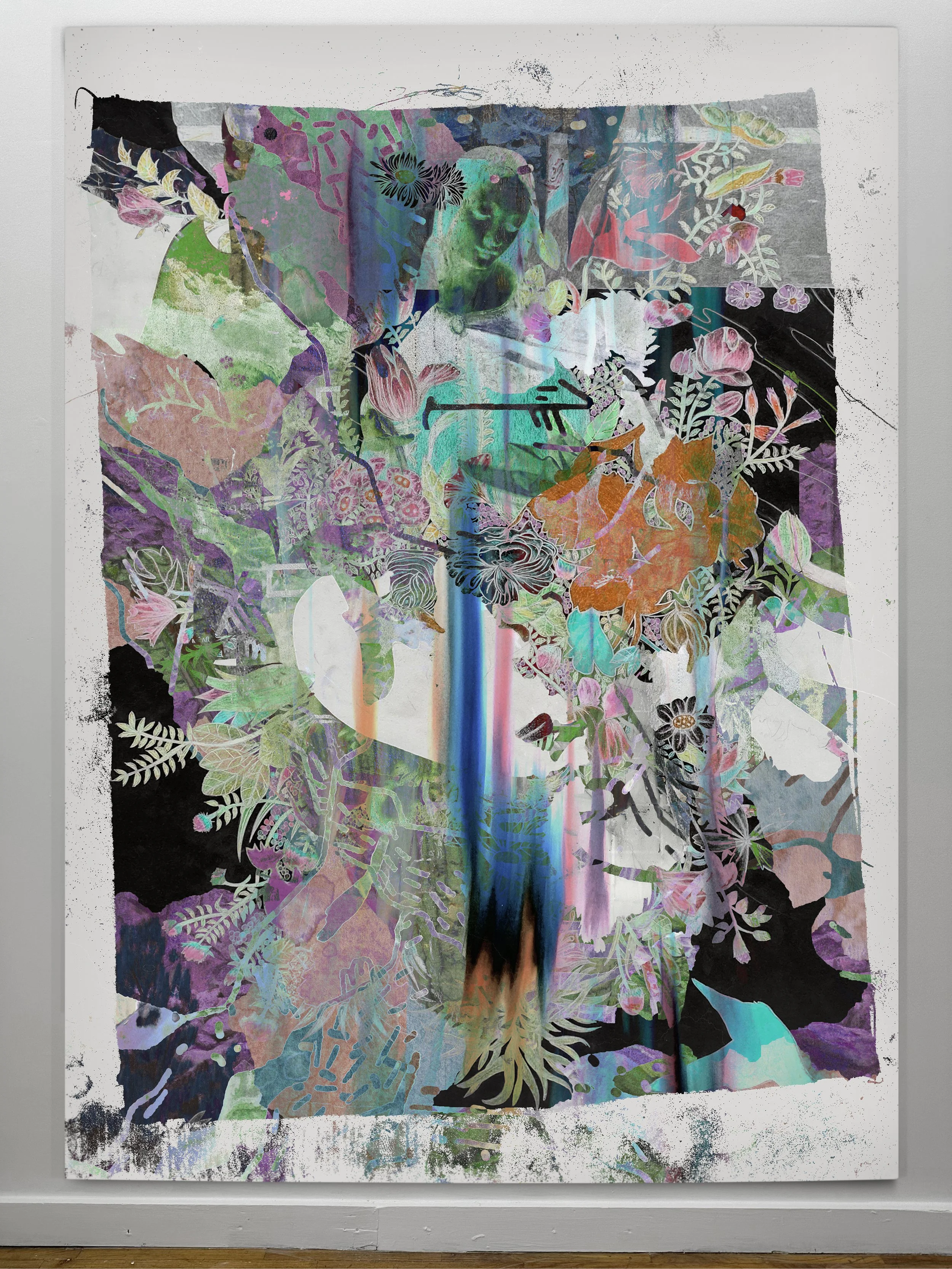 Flood | oil, graphite, colored pencils, photo transfers, marker, and ultraviolet print on canvas | 92" x 67.5"