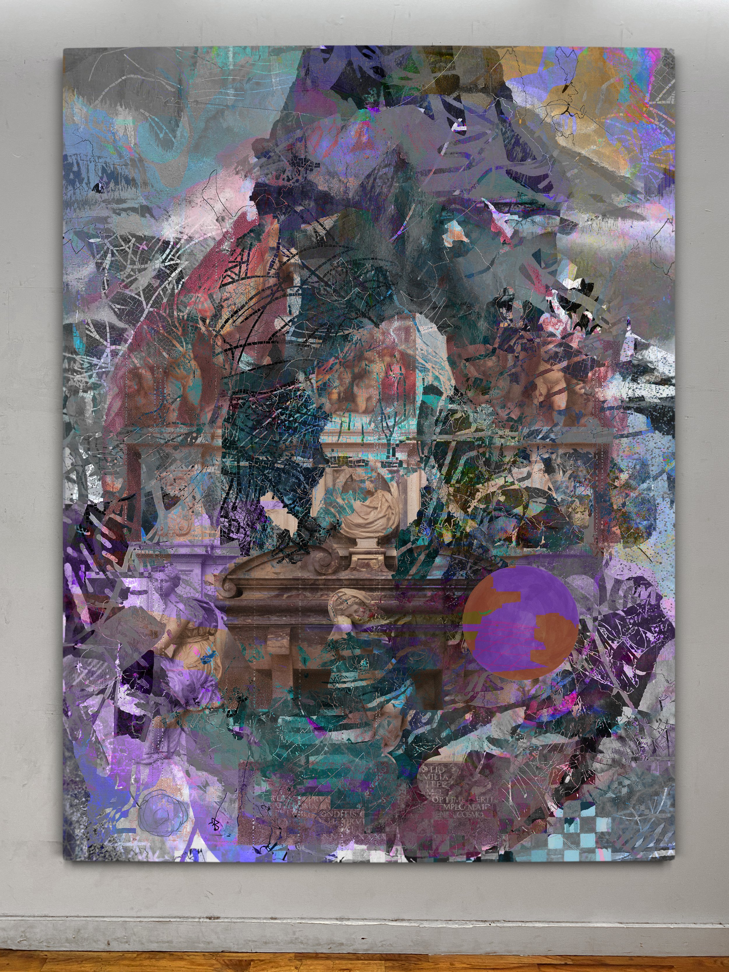 The Tomb of Michelangelo di Lodovico Buonarroti Simoni | oil, graphite, colored pencils, photo transfers, marker, and ultraviolet print on canvas | 92" x 67.5"