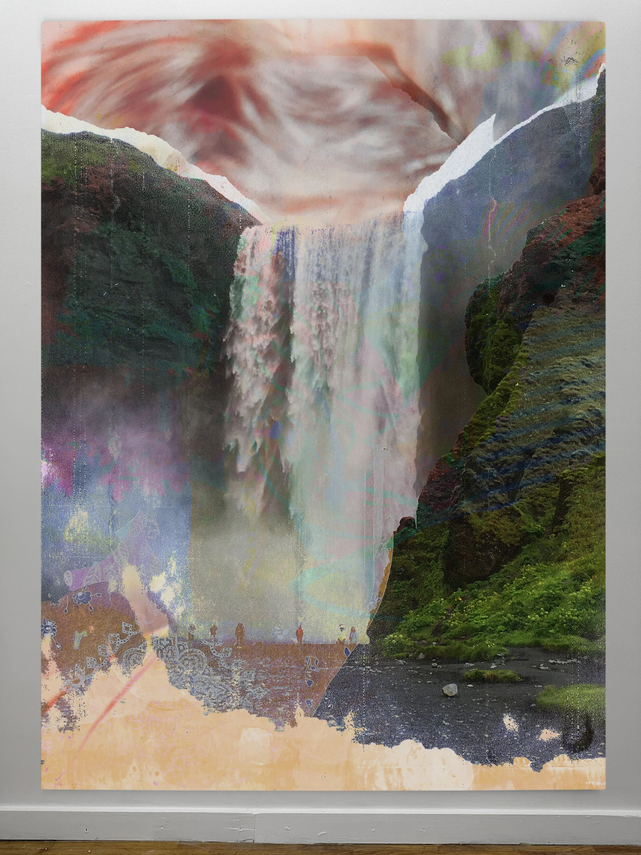 Into Sound (Cataract) | oil, graphite, colored pencils, photo transfers, marker, and ultraviolet print on canvas | 92" x 67.5"