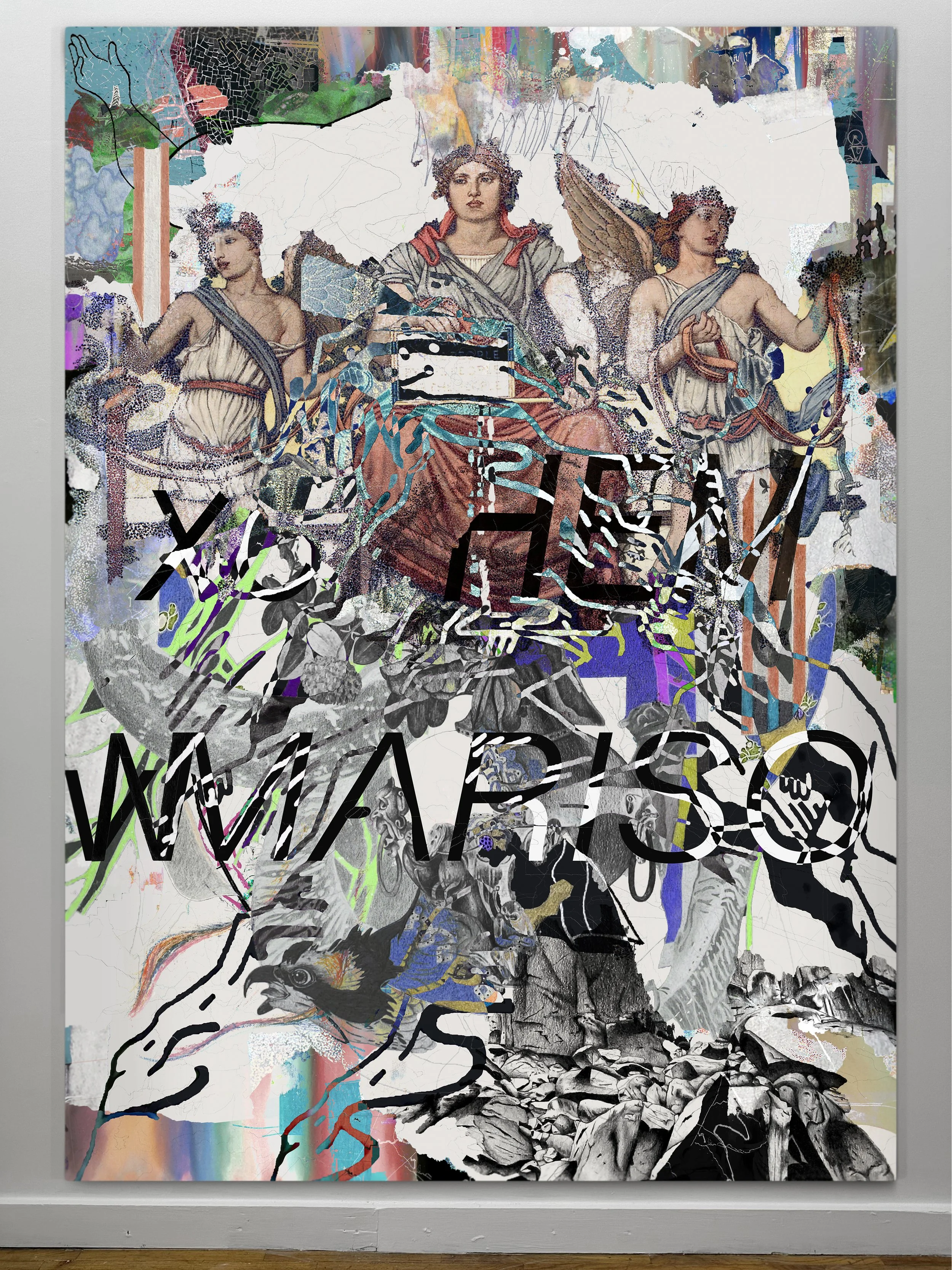 An XO HEM for MARISOL | oil, graphite, colored pencils, photo transfers, marker, and ultraviolet print on canvas | 92" x 67.5"