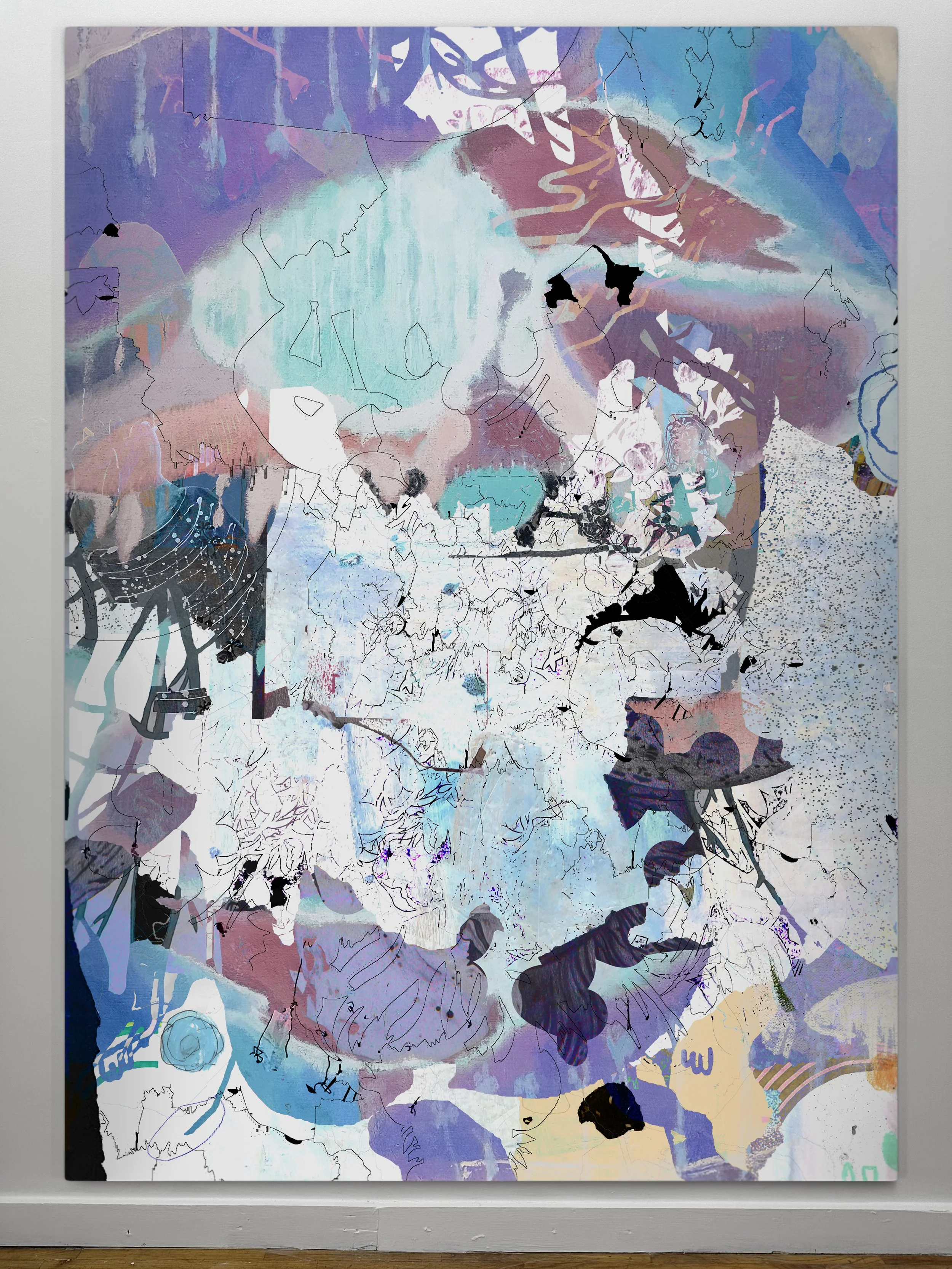The Swell | oil, graphite, colored pencils, photo transfers, marker, and ultraviolet print on canvas | 92" x 67.5"