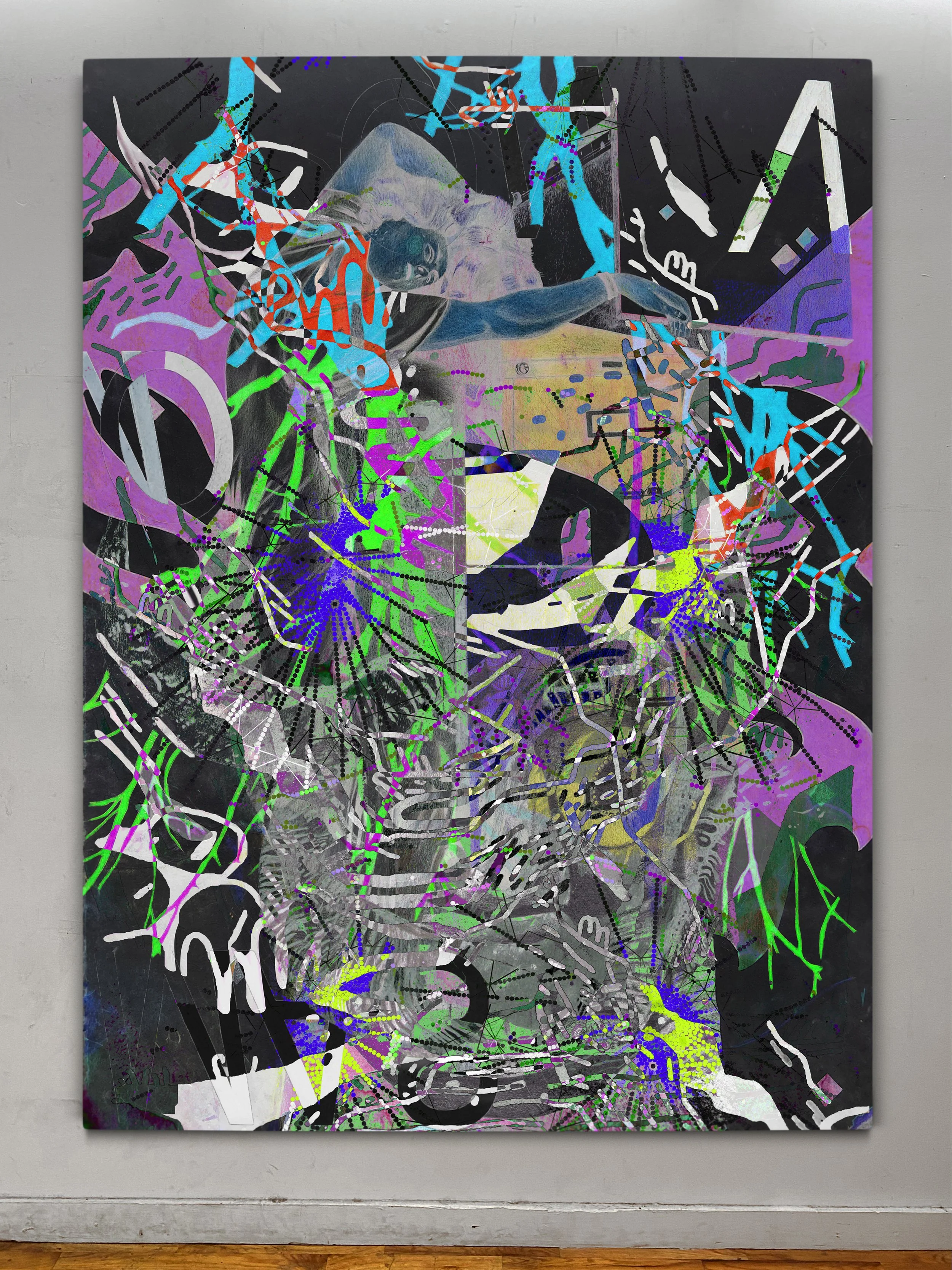 Hostage to Fortune | oil, graphite, colored pencils, photo transfers, marker, and ultraviolet print on canvas | 92" x 67.5"