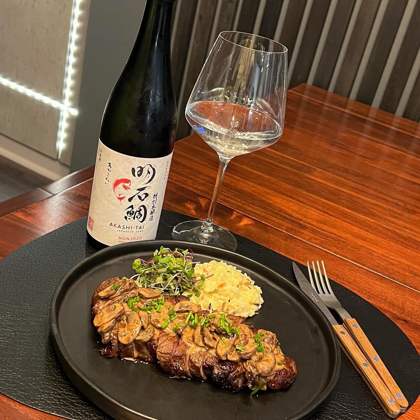&bull; | &bull; Monday joy. Prime rib eye with mushroom jus and a side of truffle mashed potatoes. Paired with clean and savoury Akashi-Tai Tokobetsu Honjozo.

A lighter-bodied sake to which the sake master adds a small amount of alcohol prior to the