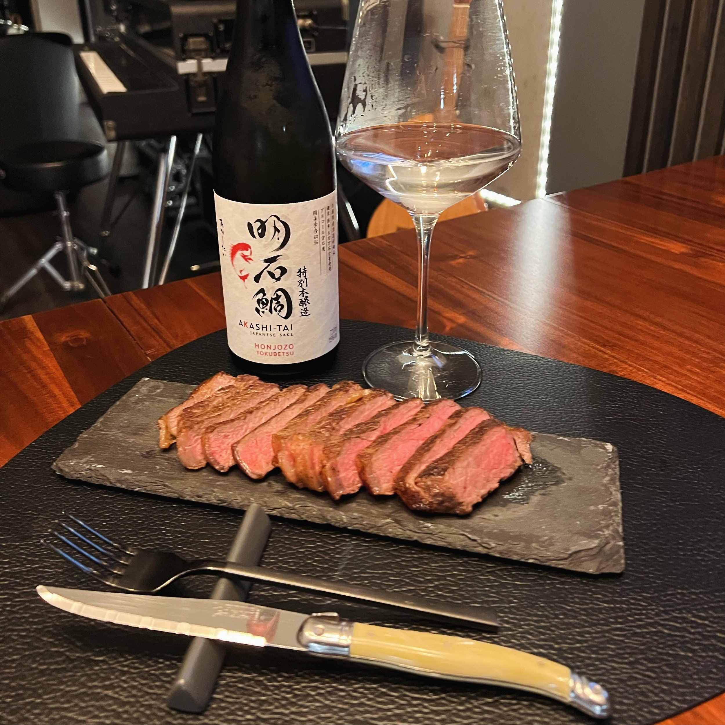 &bull;|&bull; Midweek pleasure. 21-day dry aged rib eye. Neat. Paired with clean and savoury Akashi-Tai Tokobetsu Honjozo.

A lighter-bodied sake to which the sake master adds a small amount of alcohol prior to the filtering stage. This technique bri