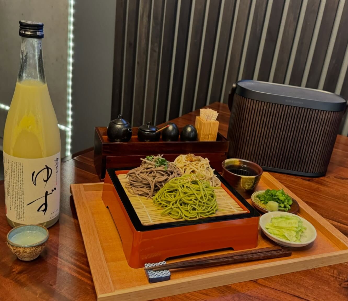 &bull;|&bull; A Fresh Nightcap. 3 Types of Zaru (Cold) Soba: Kyoto, Kanazawa and Matcha Soba with homemade Tsyu dash-based dipping sauce. Paired with a Yuzushu Yuzu, citrus sake liqueur.

Sake Class: Liqueur
Subcategory: Yuzushu Yuzu Liqueur
Alcohol: