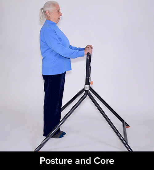 Elderly woman using a posture and core exercise machine, wearing a blue top and dark pants, against a neutral background.