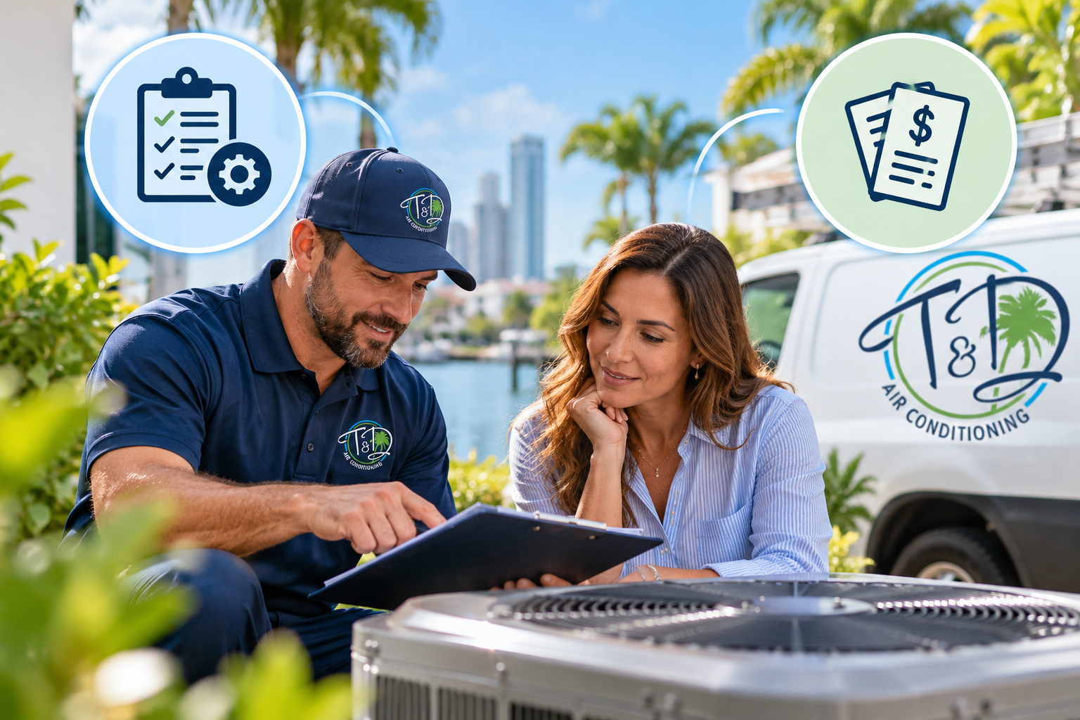 HVAC technician explaining maintenance plan options to homeowner beside air conditioning unit in South Florida, comparing service plan vs pay per visit