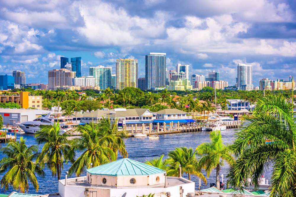 South Florida city skyline with waterfront view highlighting coastal urban areas served by T & D Air Conditioning