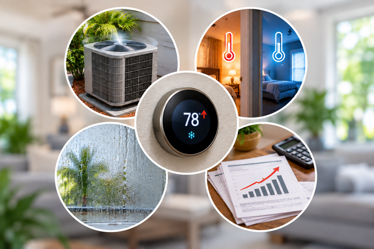 HVAC system showing signs of reduced performance in South Florida including high thermostat temperature, uneven room cooling, humidity buildup on window, and rising energy costs