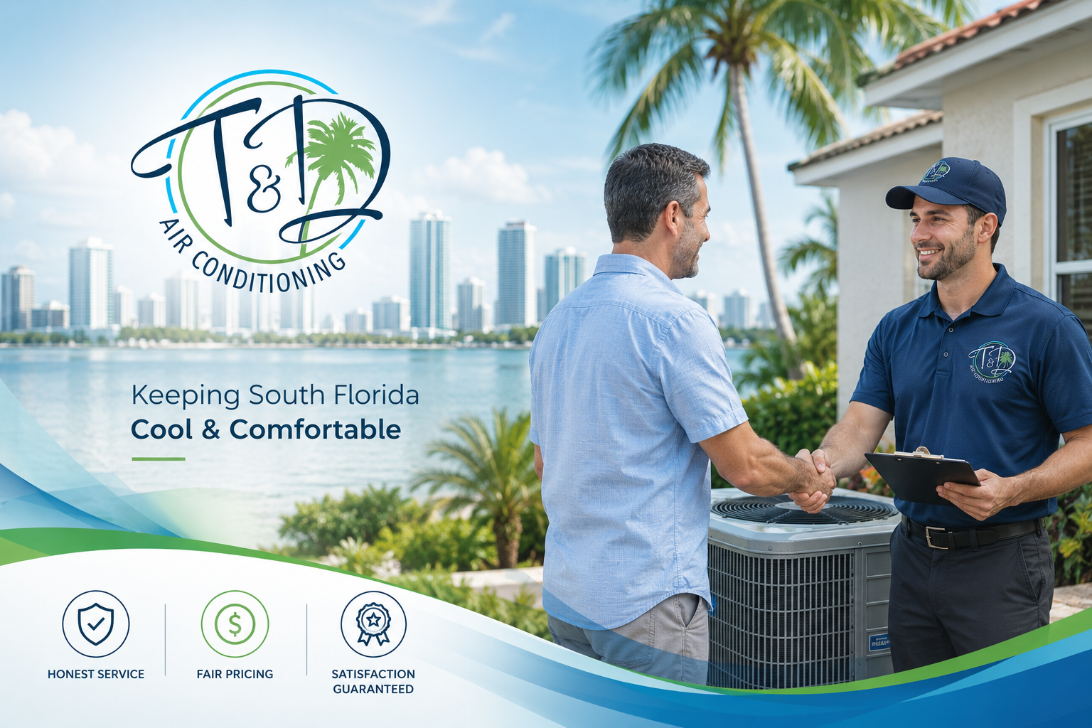 HVAC technician shaking hands with homeowner next to AC unit in South Florida offering honest air conditioning repair services in Miami-Dade Broward and Palm Beach