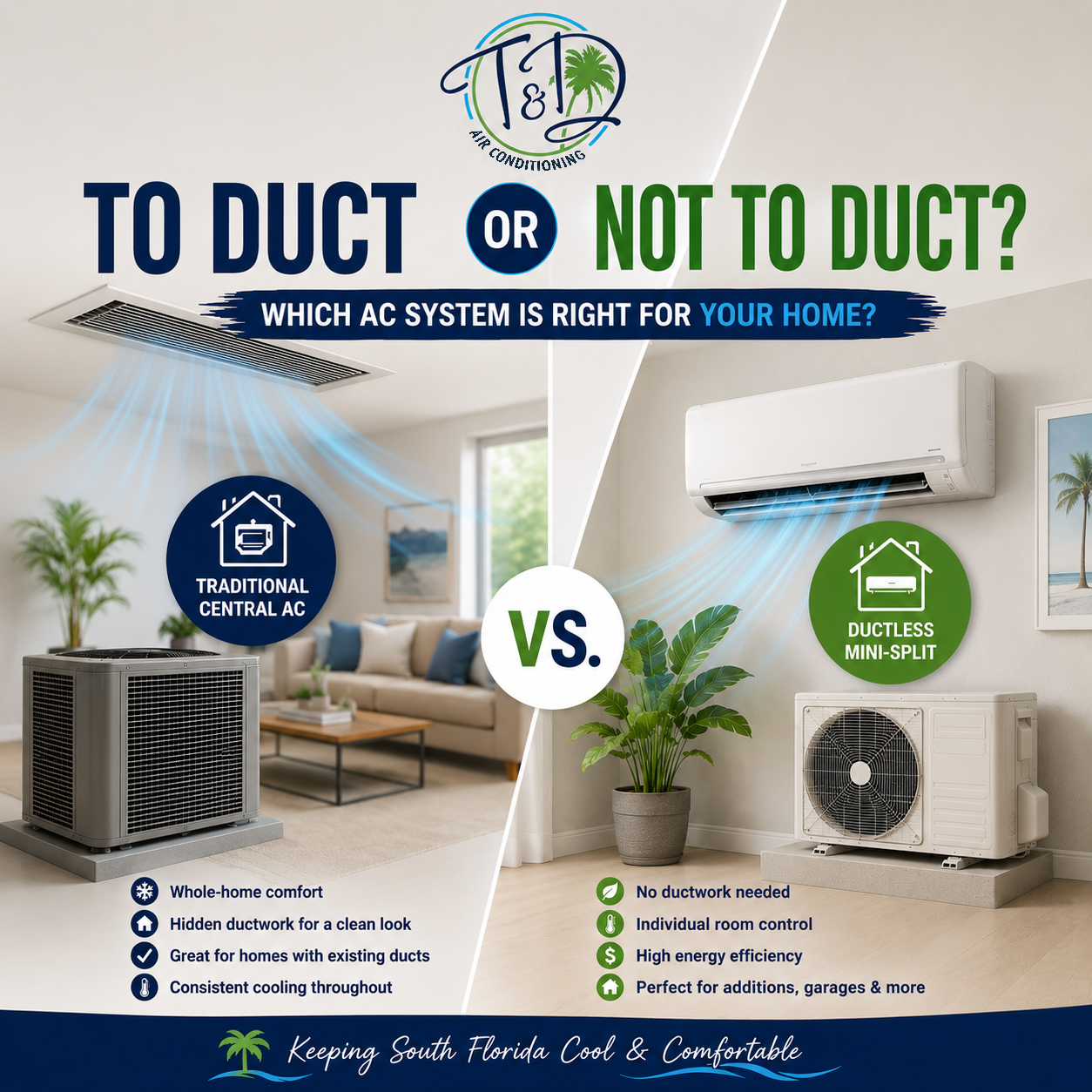 Comparison of a traditional central air conditioning system and a ductless mini-split system in a South Florida home, highlighting the differences between ducted and ductless HVAC solutions for AC installation or replacement. T & D Air Conditioning.