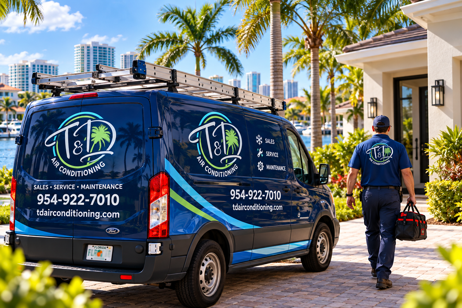 T & D Air Conditioning technician arriving at a residential home in Broward County with a dark blue HVAC service van for AC repair and maintenance