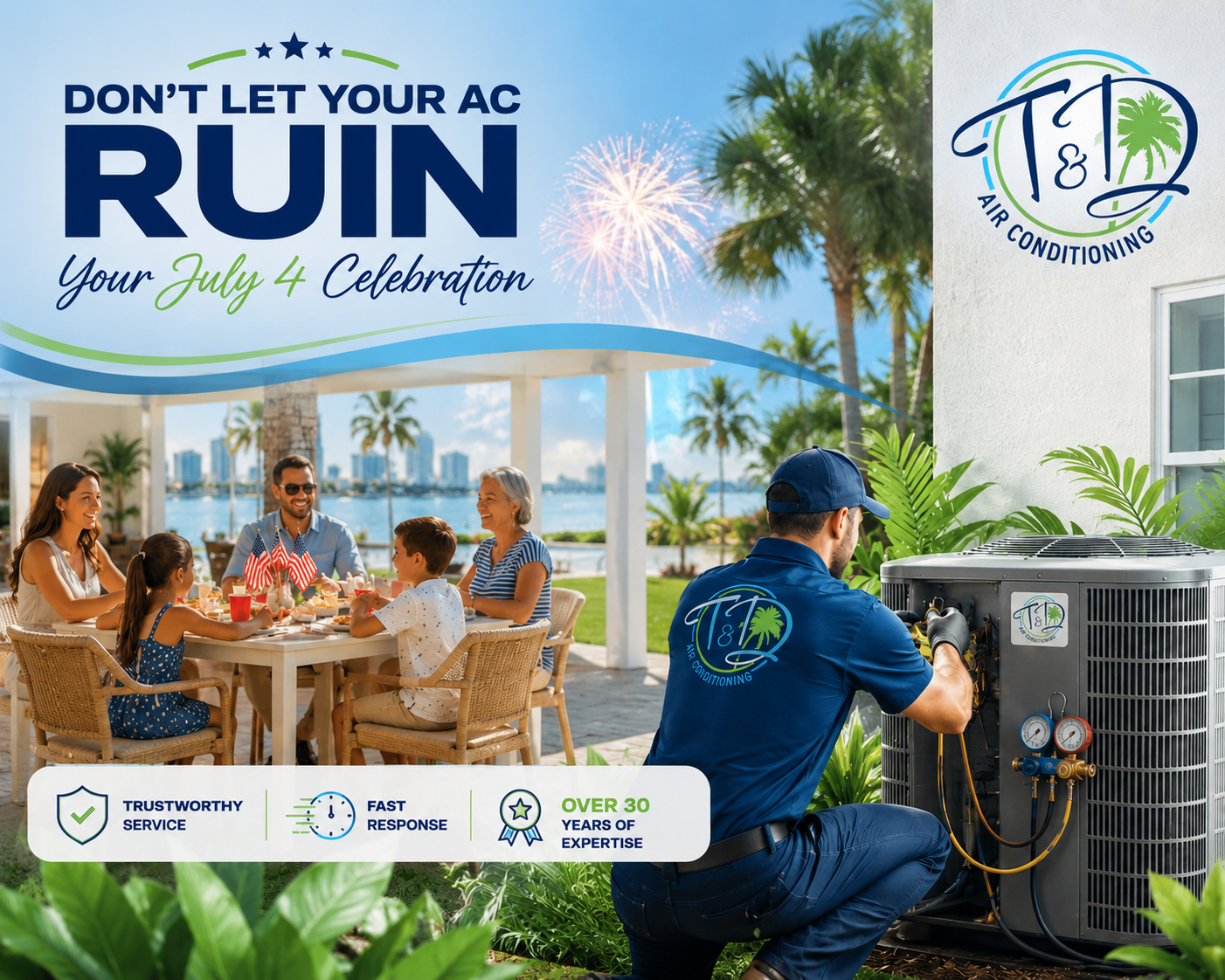 Family enjoying a cool Independence Day celebration while a T&D Air Conditioning technician performs an AC tune-up at a South Florida home.