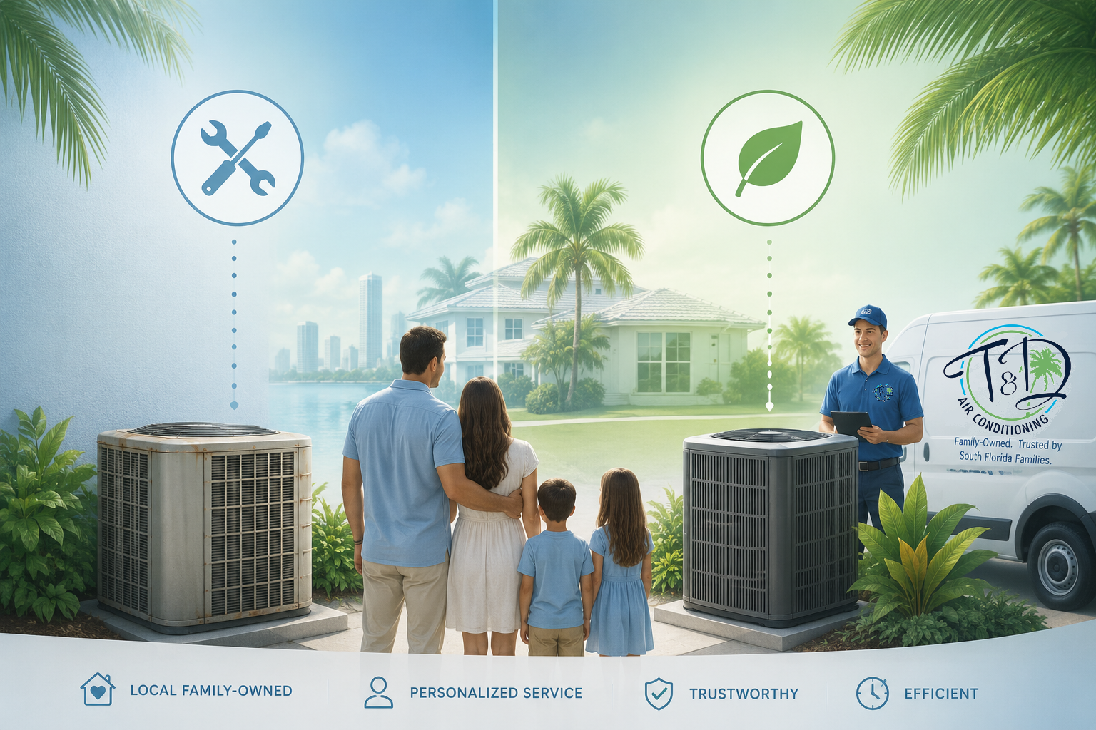 South Florida family comparing an older air conditioner with a new HVAC system while speaking with a trusted local technician about AC repair or replacement.