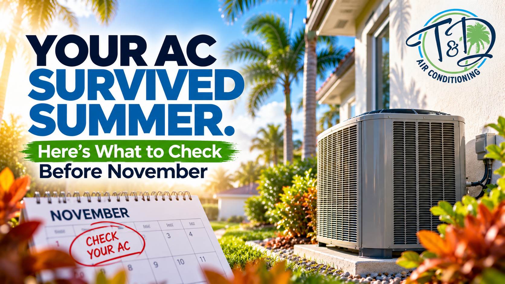 T & D Air Conditioning outdoor AC unit beside a South Florida home with a November calendar reminder, encouraging homeowners to schedule fall AC maintenance before the holiday season.