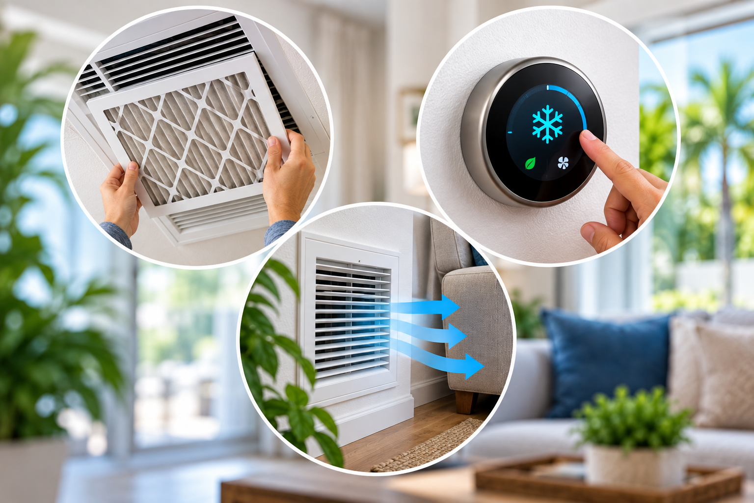 DIY AC maintenance tips for South Florida homeowners showing air filter replacement, thermostat adjustment, and clear air vents for better airflow